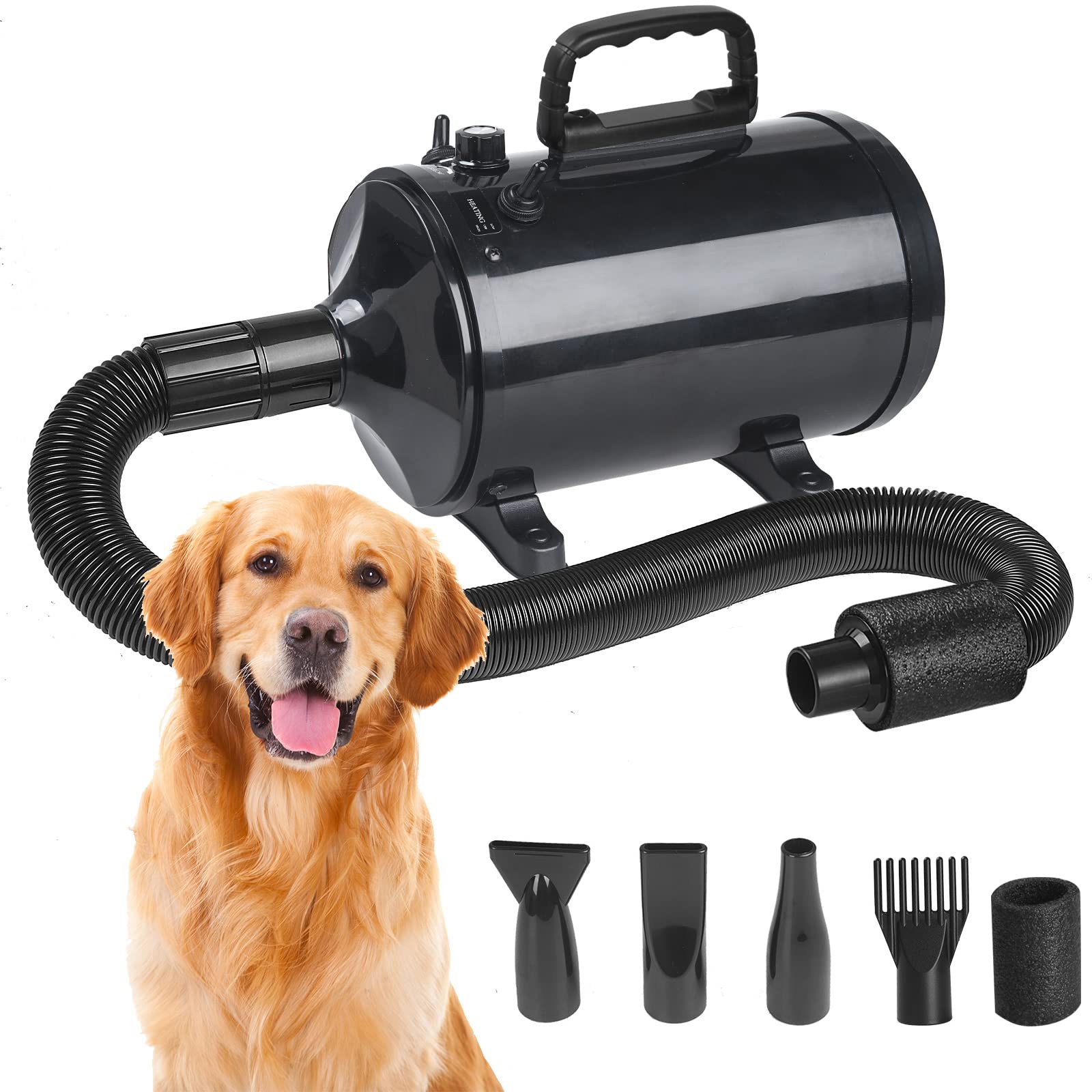 Hoapin Secador de Pelo para Perros, 3200 W / 4,3 HP, secador Profesional para Perros con 4 boquillas Diferentes y Manguera elástica