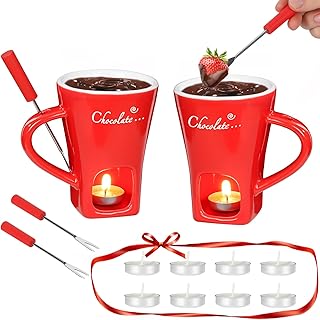 Fondue Pot Cup Set, Chocolate Melting Fondue Mugs 2 Pack with 4 Forks & 8 Tealights, Mini Red Ceramic Fondue Set for Cheese, Marshmallows, Sweet Fondue Cup for Date Night Party Wedding or Holiday Gift