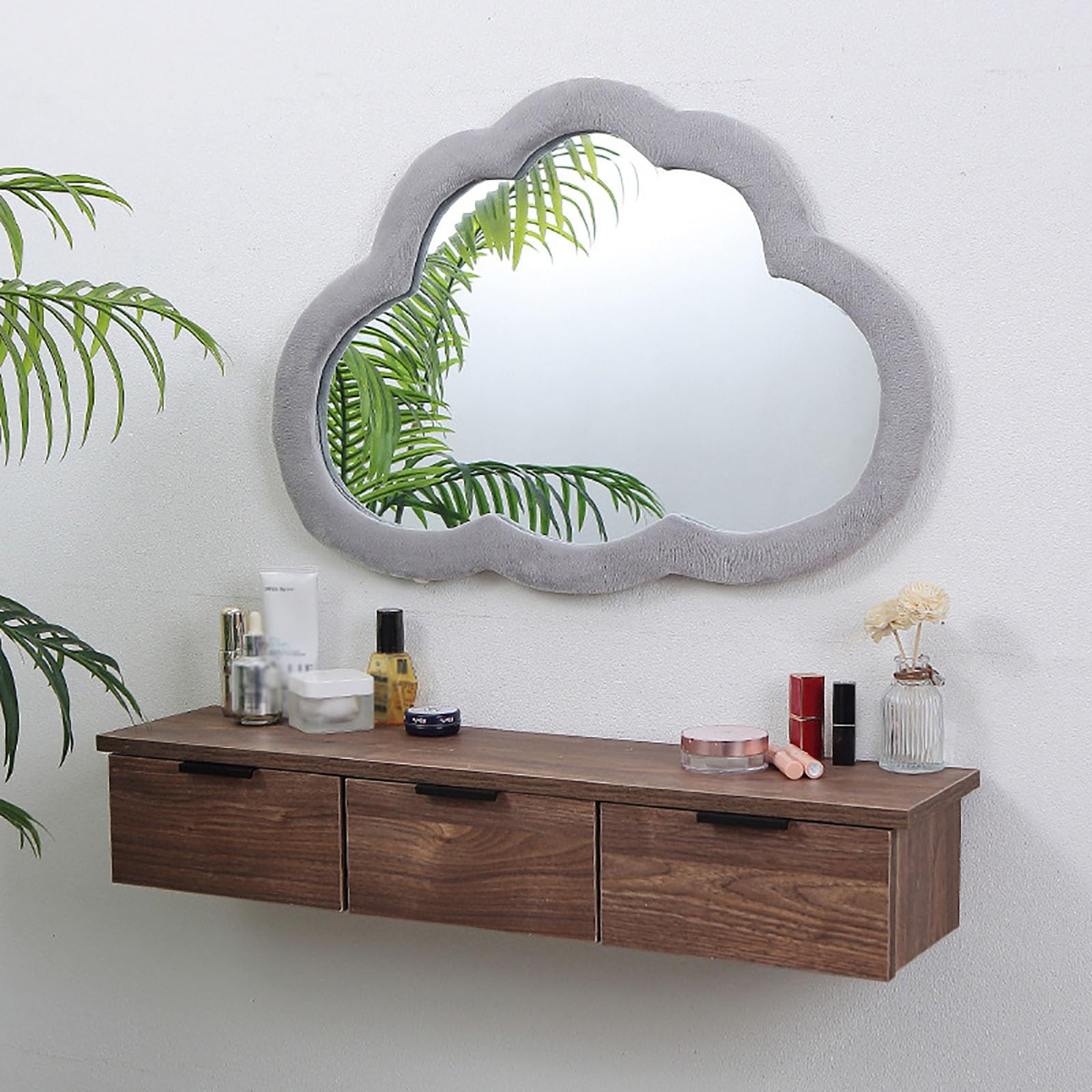 asdchZen Space-Saving Makeup Vanity Desk With Cloud Mirror, 3-Drawer Dressing Table, Stylish Vanity Set For Small Spaces-Modern Design,D