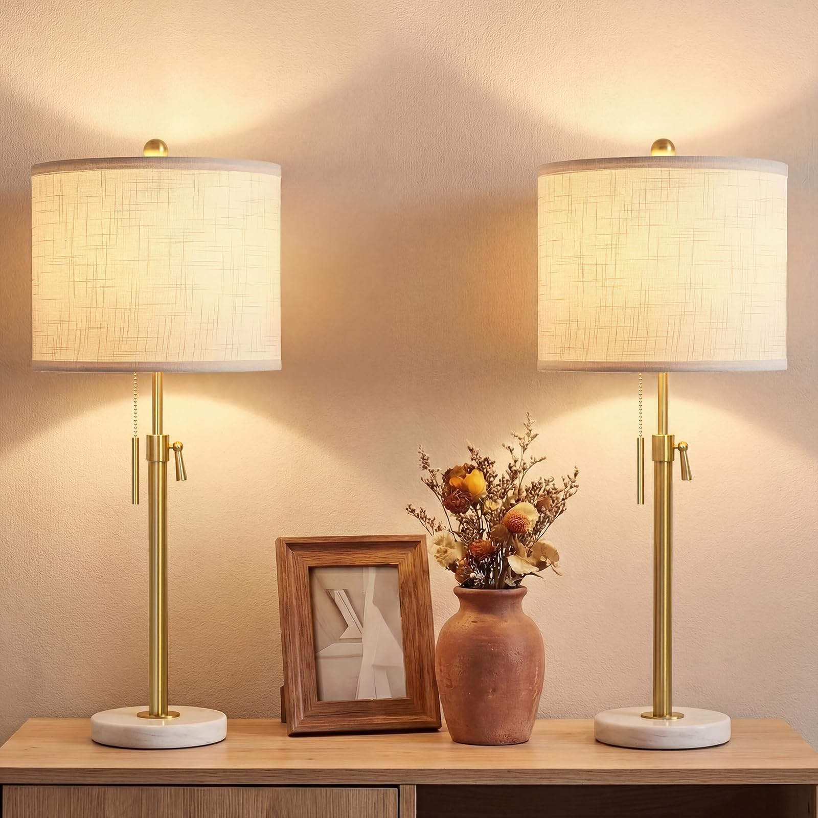 Qingmiao Gold Table Lamps Set of 2, 22" to 30" Adjustable Nightstand Lamps for Bedroom, Dimmable End Table Lamps for Living Room Console Entry Farmhouse Home Decor, New House Warming Gifts