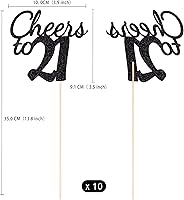 Vista 2 de Gexolenu Cheers to 21, paquete de 10 piezas de centros de mesa de cumpleaños número 21 con purpurina negra de doble cara para mesas, palitos