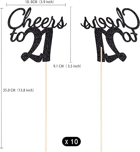 Miniatura 2 de Gexolenu Cheers to 21, paquete de 10 piezas de centros de mesa de cumpleaños número 21 con purpurina negra de doble cara para mesas, palitos