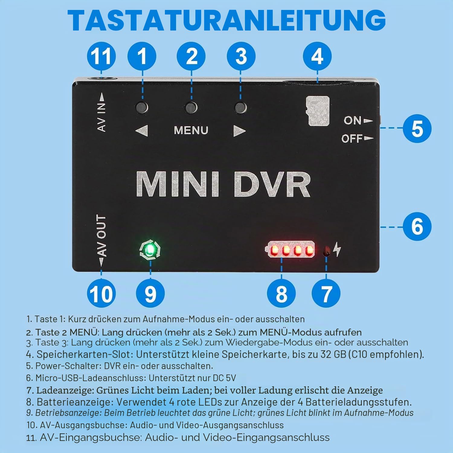 Qcwwy Mini DVR Recorder mit NTSC PAL Switchable 32 GB Unterstützung 11 Sprachmenü FPV Drohne RC Modell Mini FPV DVR Modul Digital Video Recorder Models Spielzeug Spielzeug