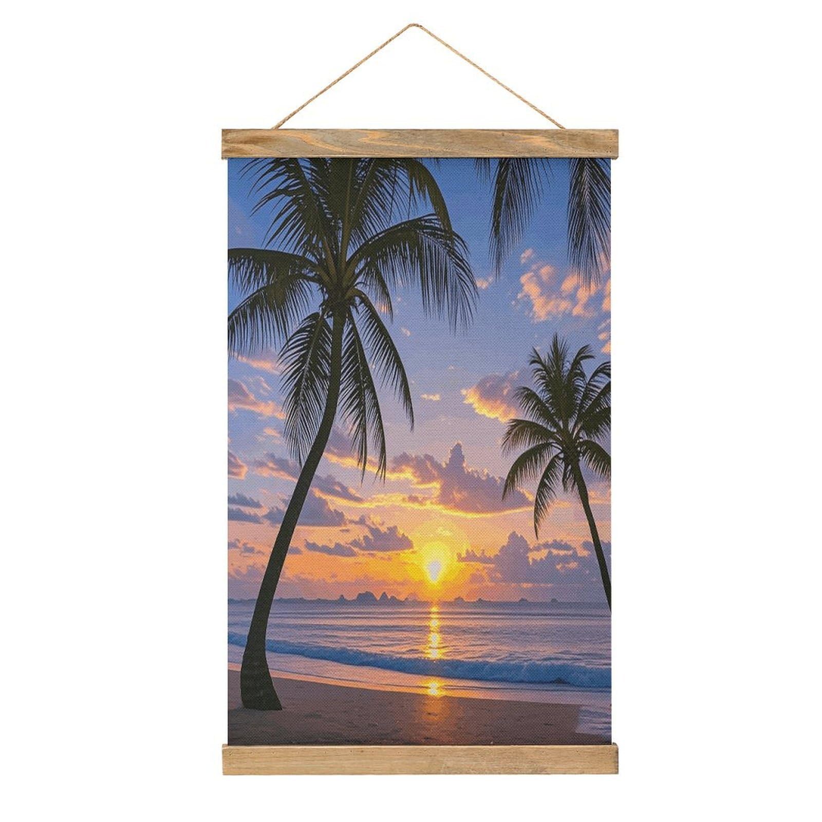 VstaDank Palm Tree Sunset Hanging Poster with Wooden Frame Modern Linen Hanging Painting Retro Style Wall Decor Art Painting for Living Room,Bedroom Decor Poster Frame 20.4x13.1inch