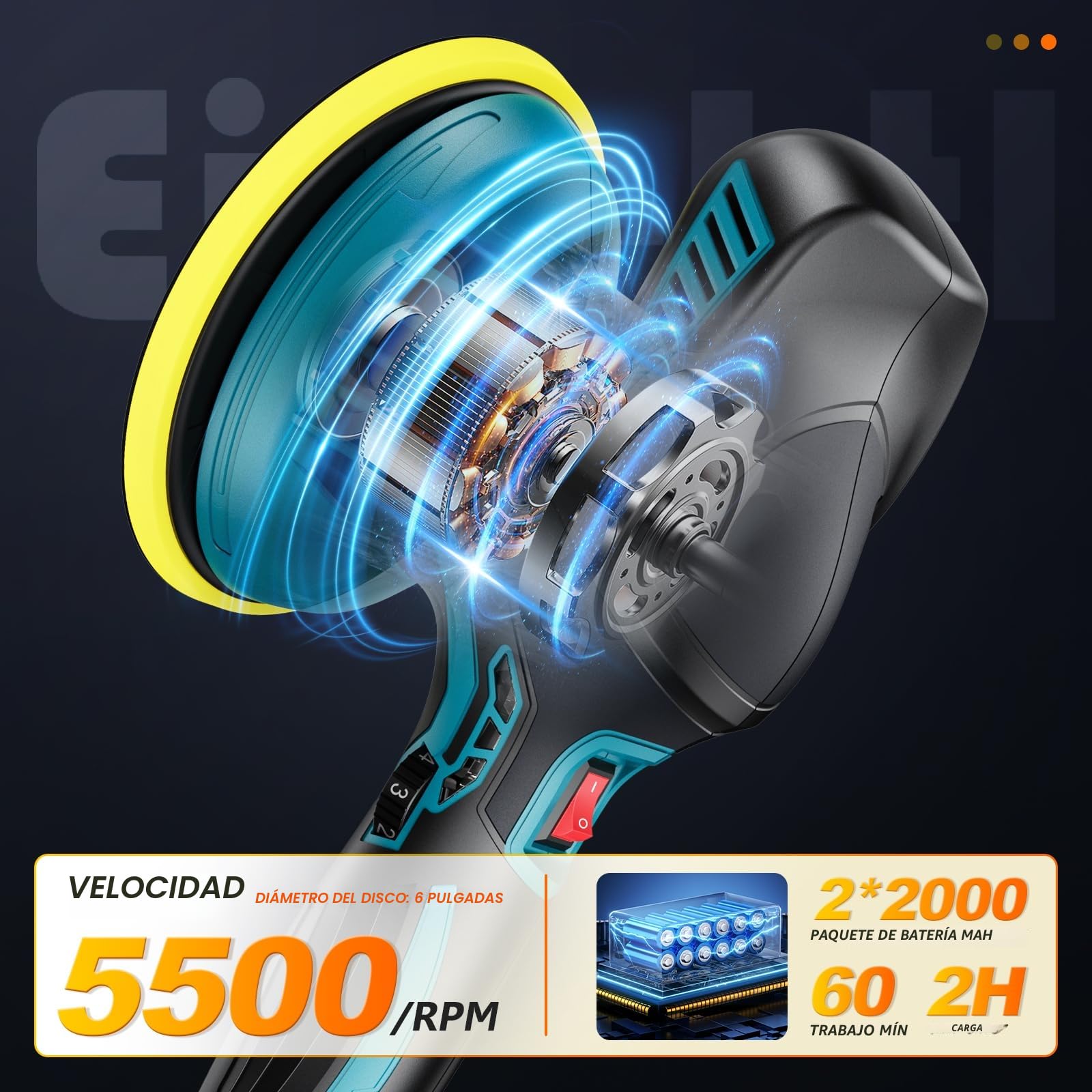 Pulidora Coche Inalámbrica 150 mm Orbital Doble Acción con 2×21V 2000mAh Baterías, Kit 13 Piezas, 6 Velocidades Ajustables 5500RPM, Pulidora Batería para Encerar, Eliminar Arañazos y Renovar Pintura