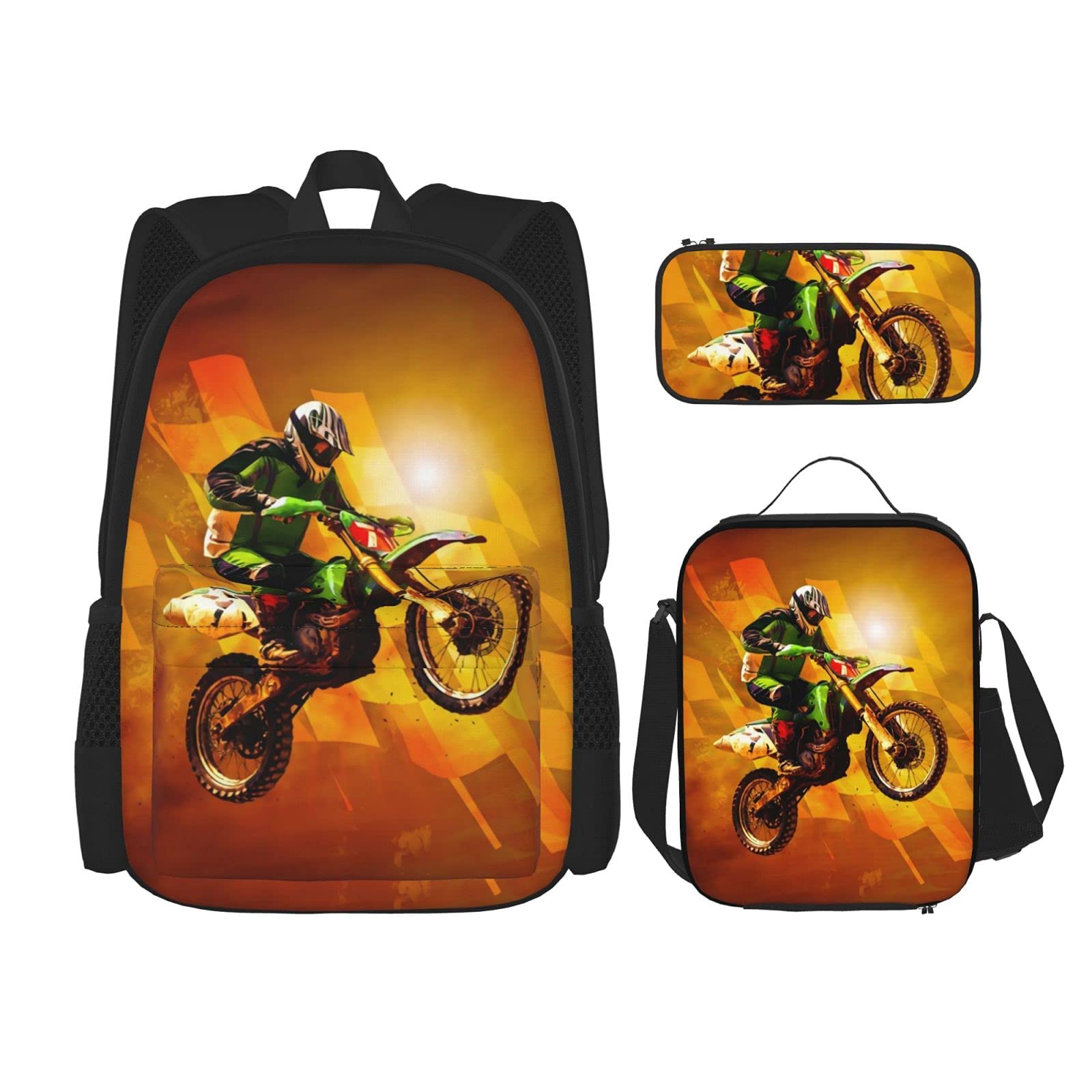 Fantasy Riding Motocross Dirt Bike Backpack Lovely Ultra Soft Travel Backpacks Insulated Lunch Box Pencil Case For Boys Girls 3-Piece Set, Black