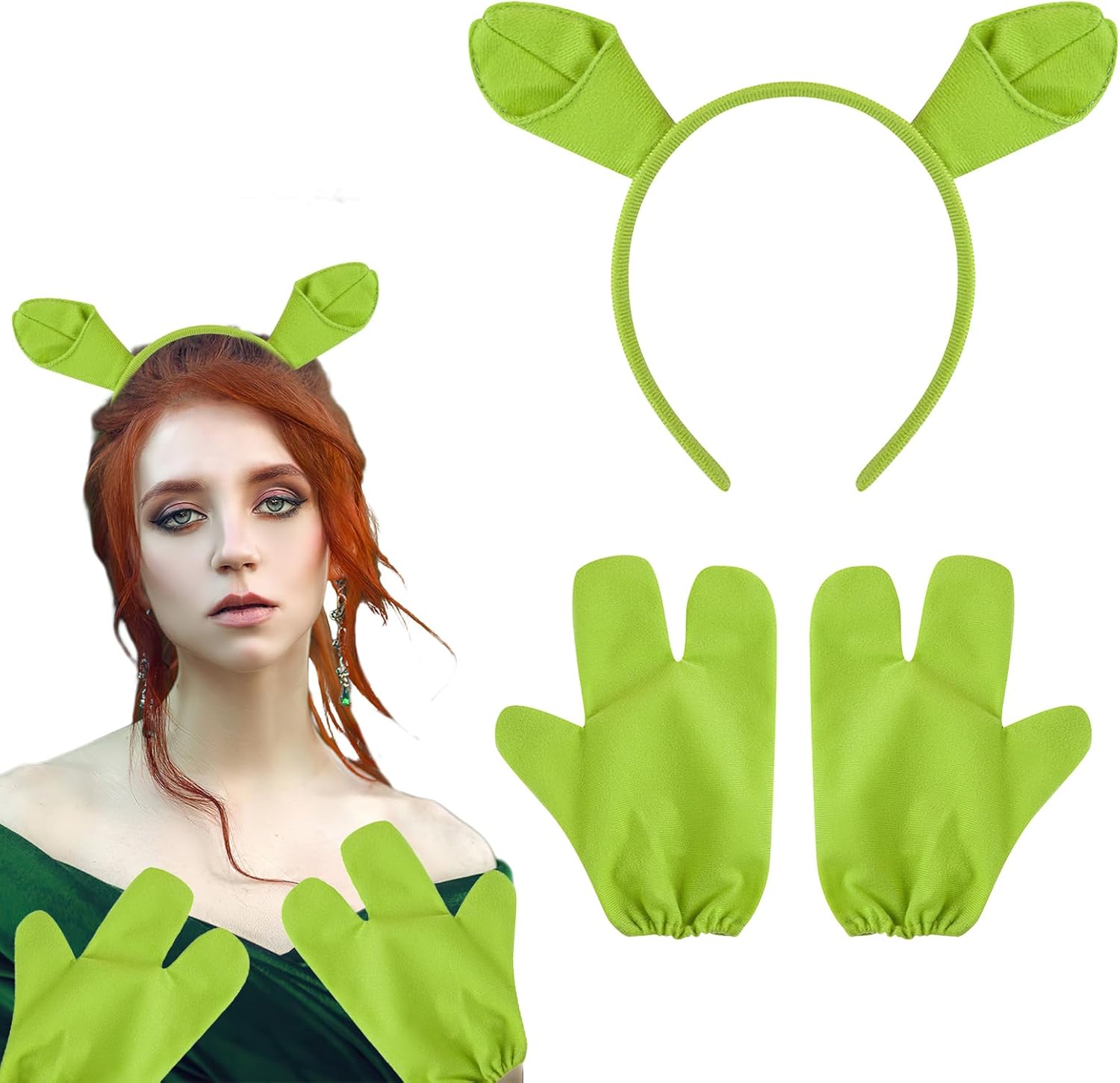 Green Ogre Ears Headband and Gloves Set Cute Plush Monster Costume Accessories for Halloween Cosplay Theme Party