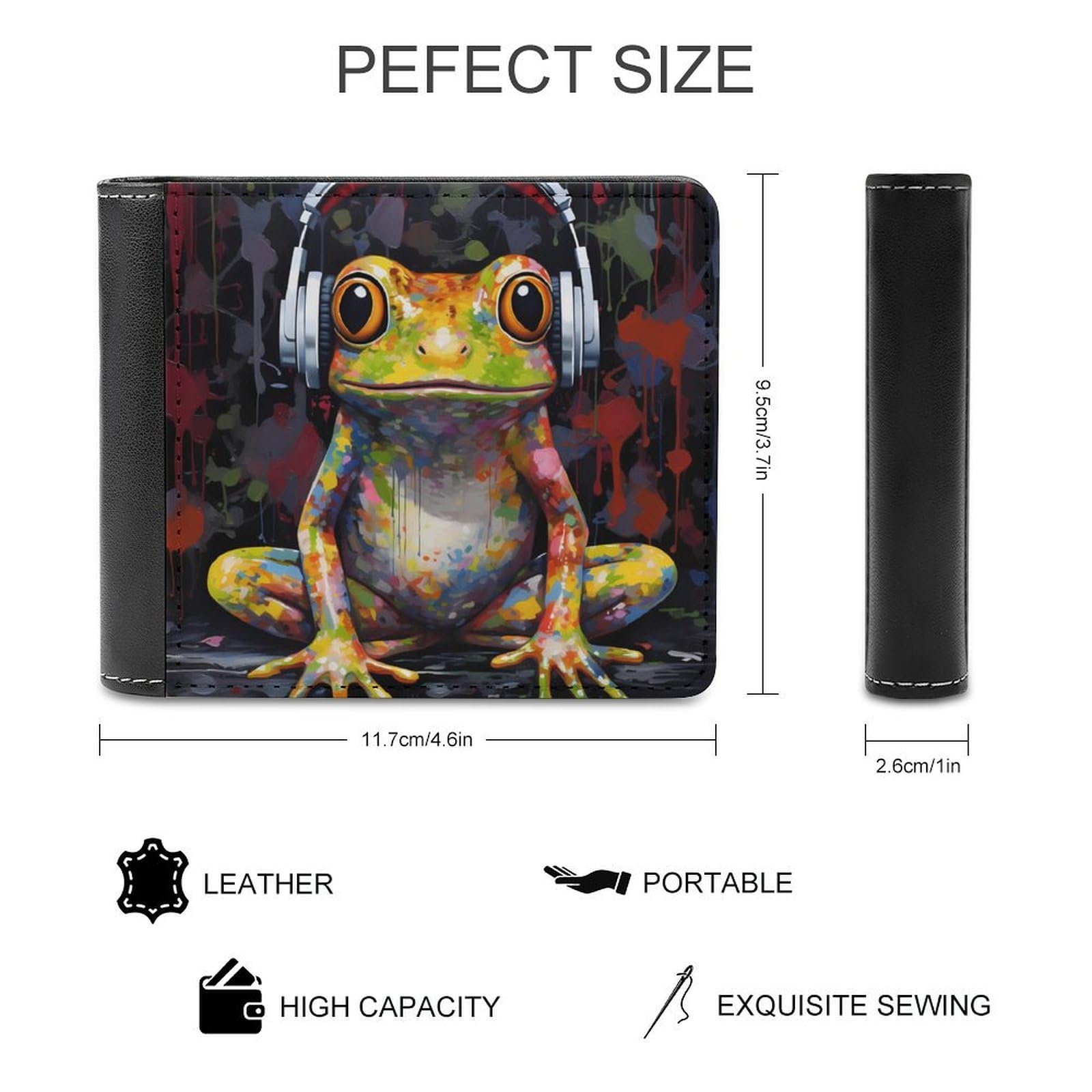 Frog in Headphones Funny Billfold Wallet Credit Card Holder Slim Passcase Pouch Purse for Men Women