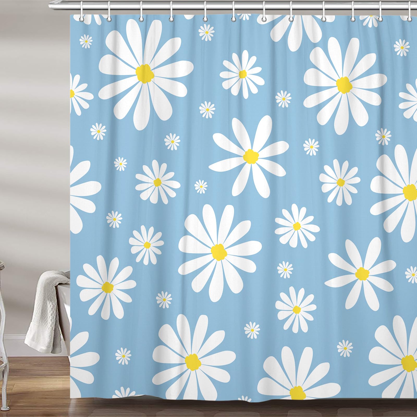 Blue Daisy Floral Shower Curtain, Cute Boho White and Blue Groovy Retro Flower Fabric Shower Curtains Set for Girls Bathroom Decorative, Aesthetic Restroom Decor Accessories with Hooks 72X84 Inch
