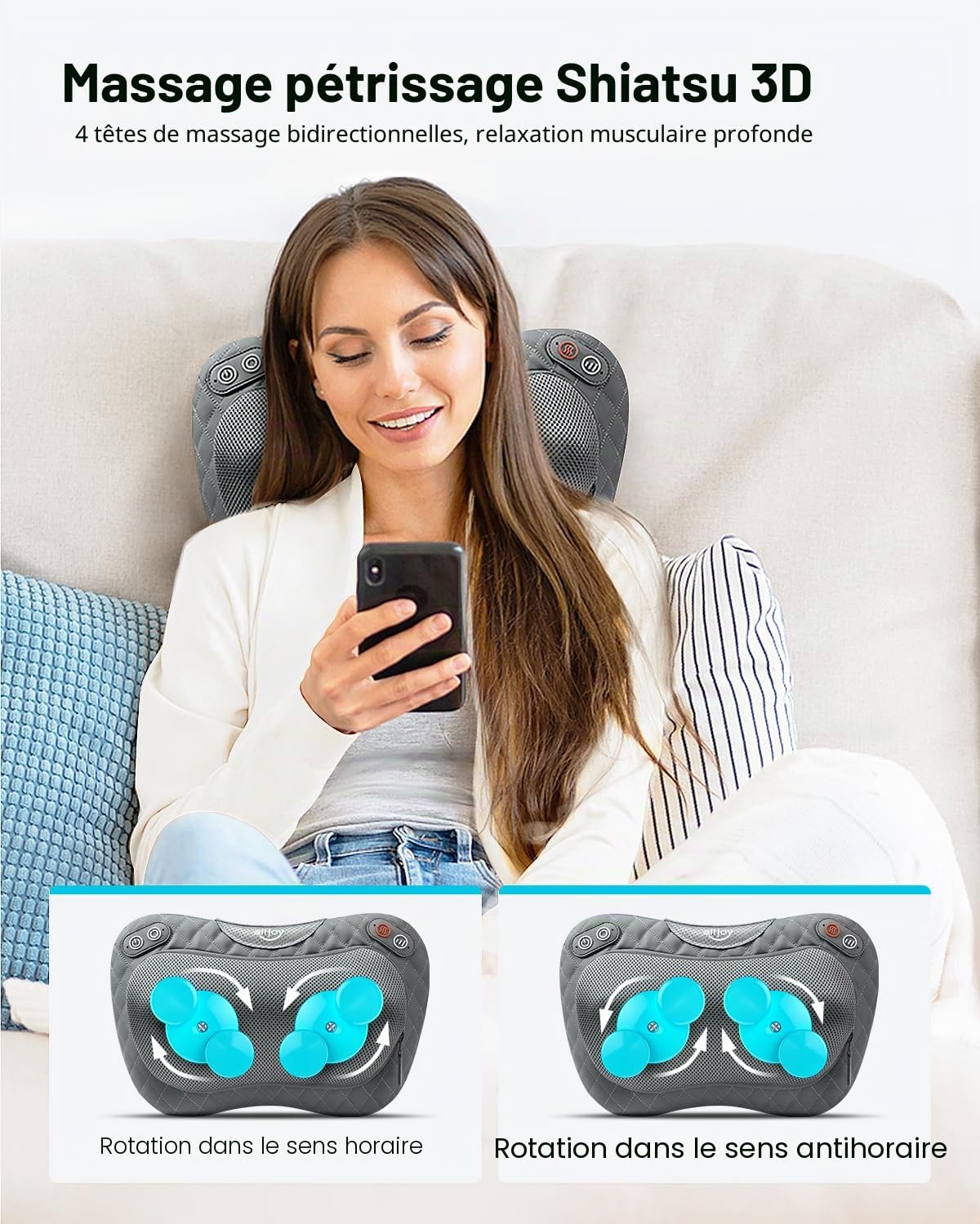 ALLJOY Coussin Massant Chauffrant, Massage Dos Shiatsu avec 4 Nœuds, Appareil de Massage pour Nuque, Cou, Cervical, 3 Vitesses Réglable, Housse Amovible, Cadeau pour Femme, Homme