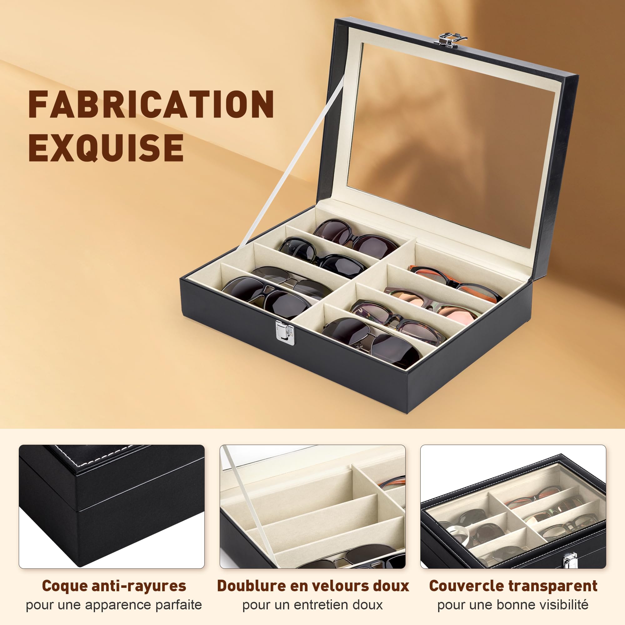 CO-Z Boîtier des Lunettes en PU Cuir, Organisateur de Lunettes de Soleil, Présentoir Lunettes de Rangement de 8/12 Compartiments
