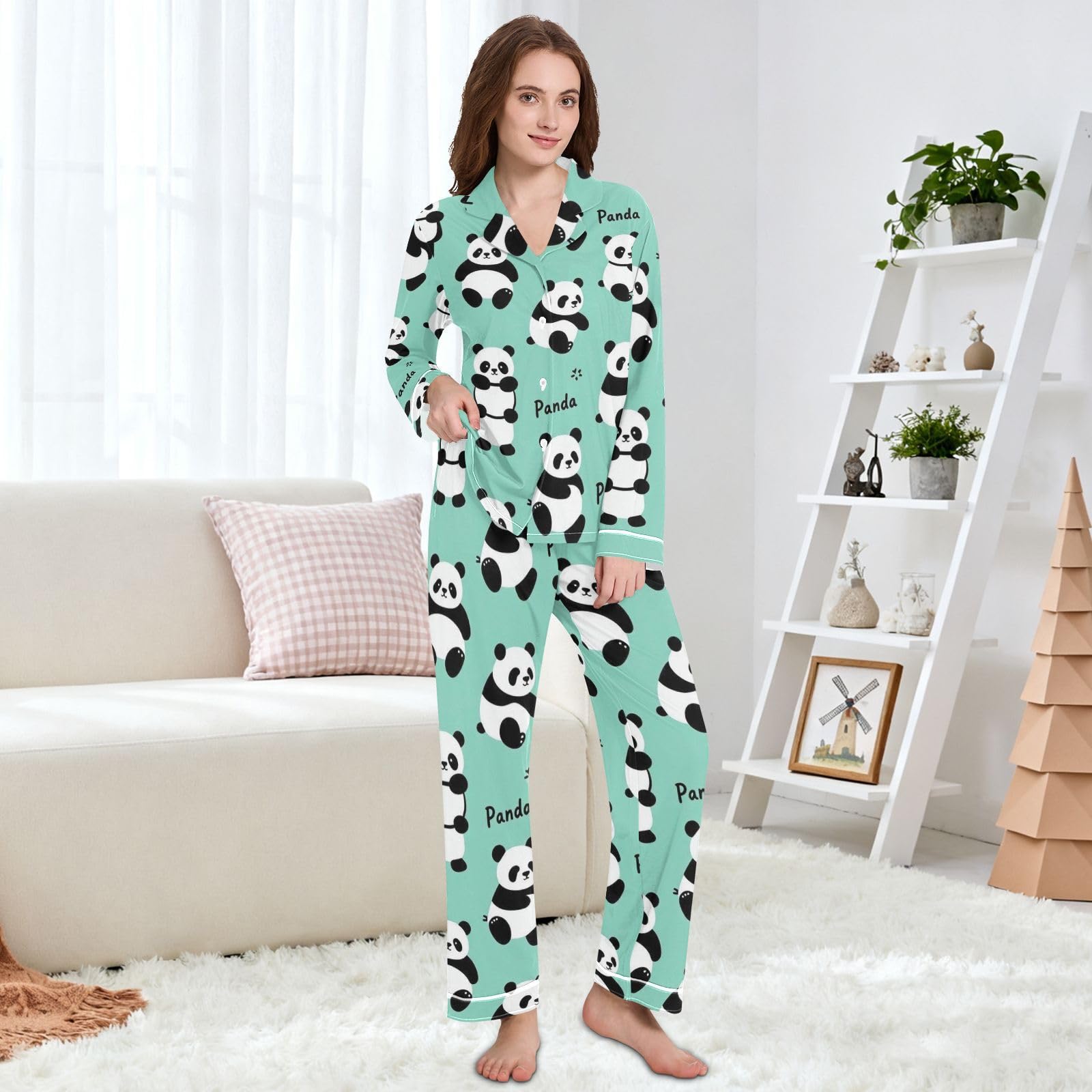 Wudan Zielona Panda Bear Pocket Sleep Pants Mid Waist Zestawy piżam Codzienny relaks dla kobiet