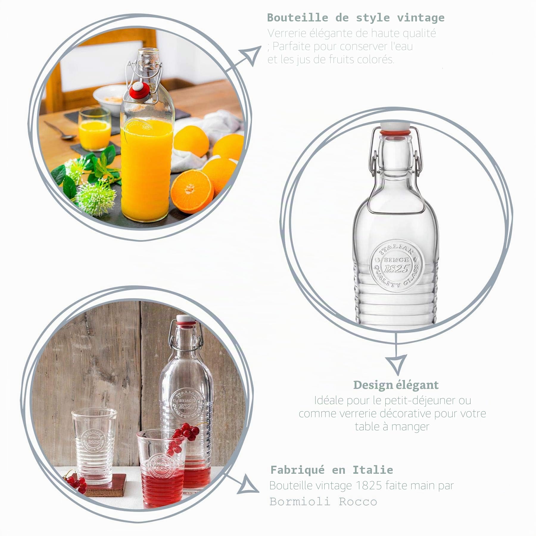 BORMIOLI ROCCO Officina 1825 Gourde 1,2 Litre-Lot de 6 sets de Table Motif Vintage Italian Bouteille d'eau