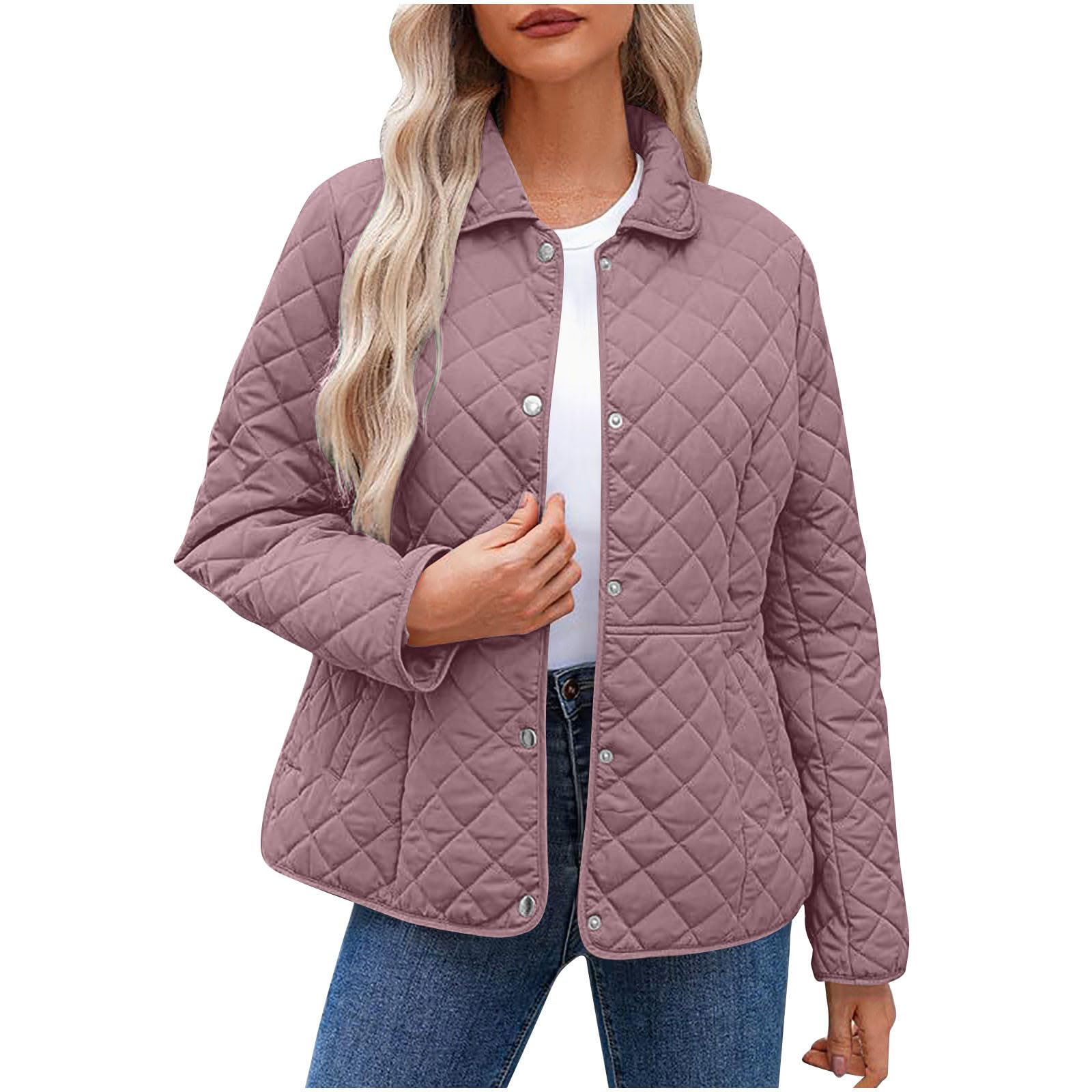 Quilted Jackets For Women - Lightweight Button Down Long Sleeve Winter Puffer Jacket Outerwear Coats With Pockets