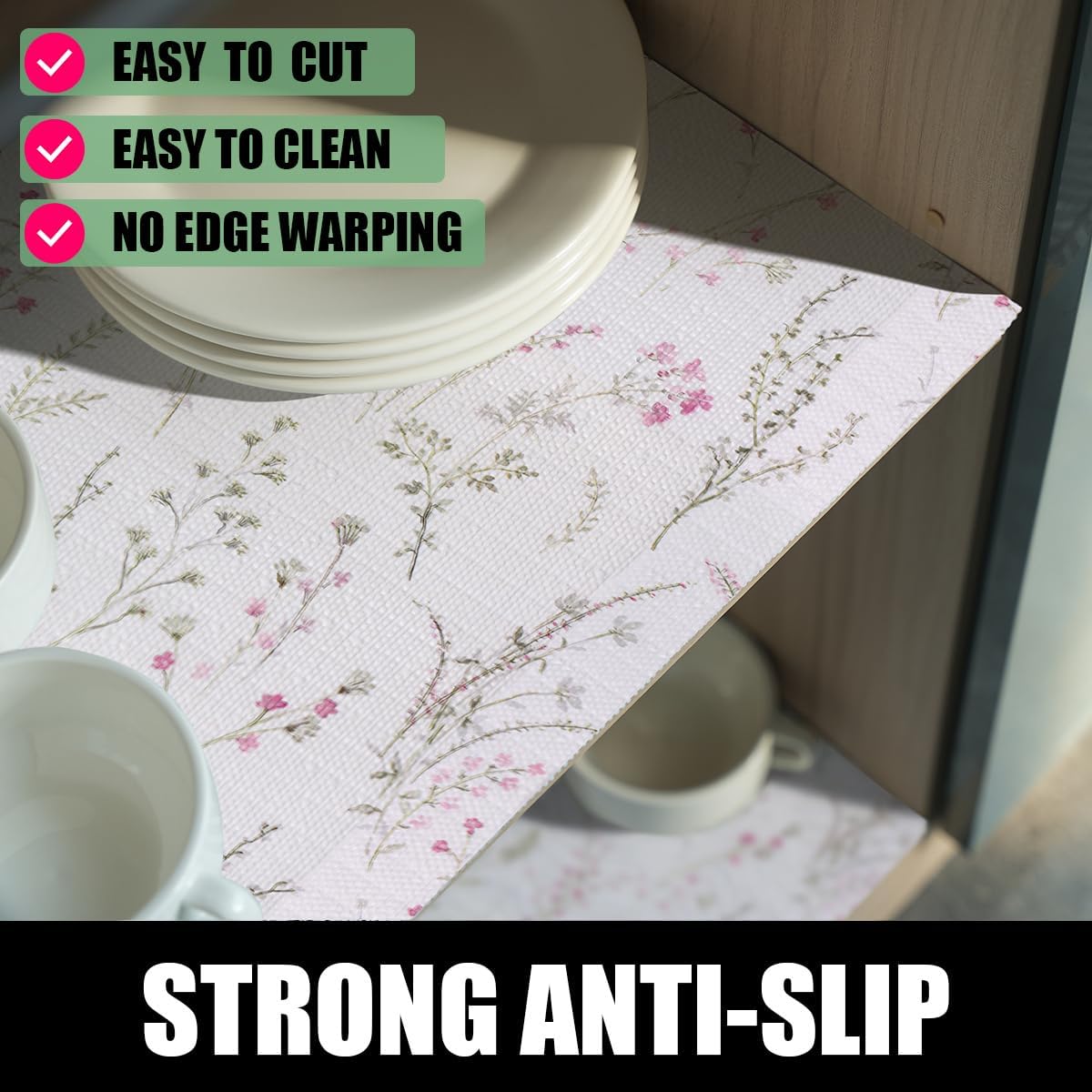 Floral Drawer and Shelf Liner for Cabinets 24IN x 10FT, Non-Adhesive and Strong Non-Slip Flower Shelf Cabinet Drawer Liners for Kitchen,Table,Bookshelves,Waterproof Cupboard Liner