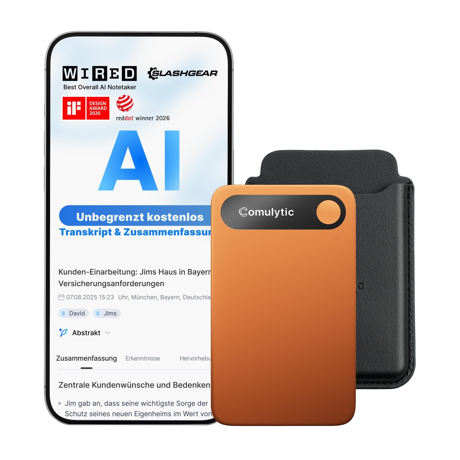 Comulytic Note Pro KI Digitales Diktiergerät mit Unbegrenzter Transkription | Diktiergerät mit Schreibfunktion, Unterstützt 113 Sprachen, Aufnahmegerät für Meetings Vorlesungen Interviews, Orange