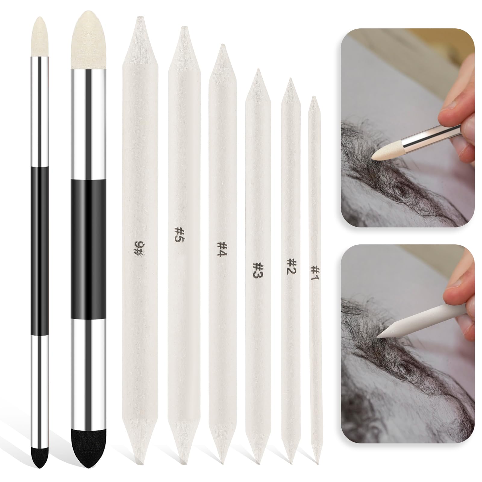 8Pcs Artist Blending Sponge Pen Dual Tip Blending Stumps and Tortillions Sketch Rubbing Tools Reusable Drawing Art Blending Tools for Artist Professional Sketch Drawing Blending Lightening & Highlight