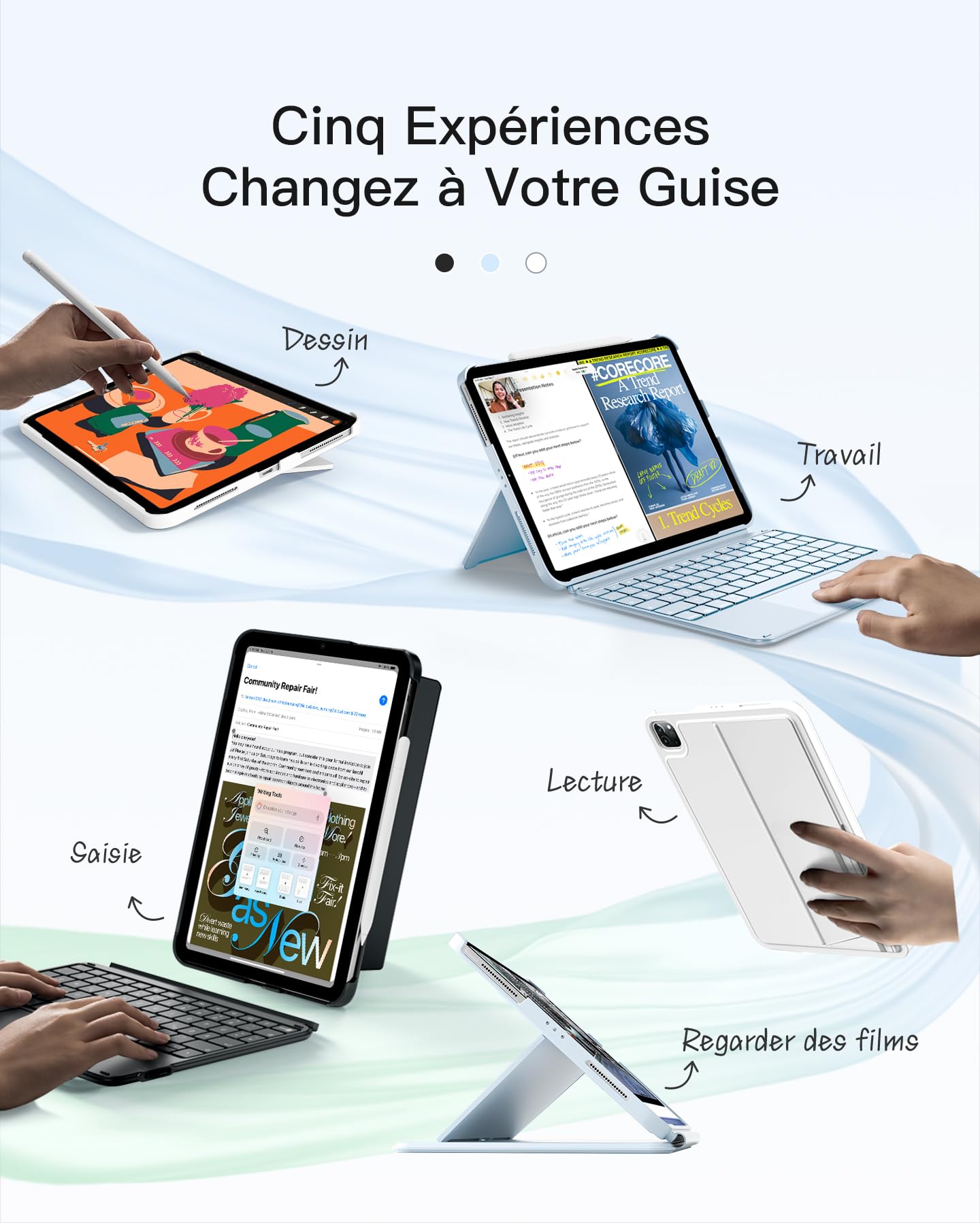 Inateck Coque Clavier iPad A16 11e/10e Gén, Air 11" M4/M3/M2, Air 5/4, Pro 11 4e-1re – AZERTY sans Fil, Détachable Magnétique, Rétroéclairage 7 Couleurs, Pavé Tactile, Ultra-Léger, Noir