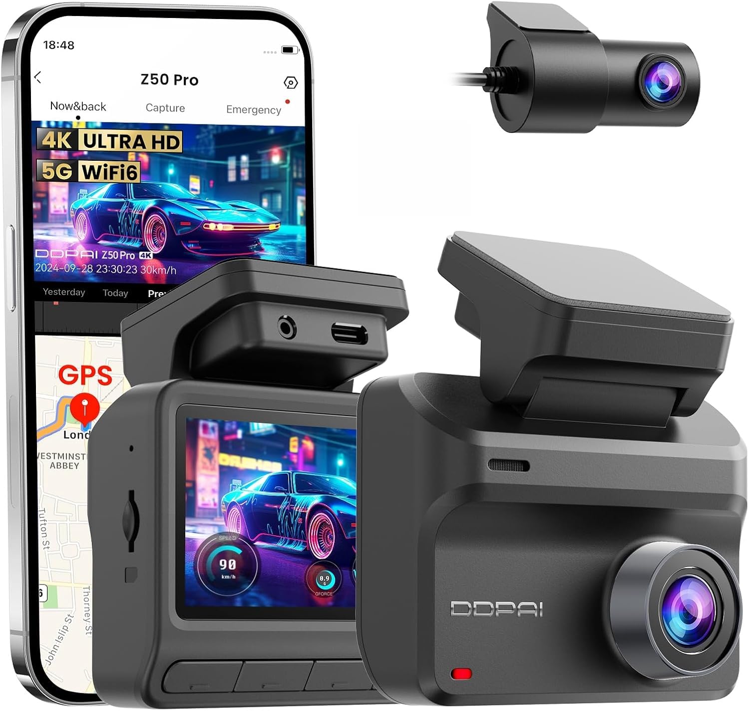 DDPAI Z50 Pro kamera samochodowa z przodu, z tyłu, 4K + 1080P, 5G WiFi6, GPS, Dash Cam 3" IPS, monitorowanie parkowania 48 h, widoczność w nocy, ADAS, nagrywanie w pętli, czujnik G, superkondensator