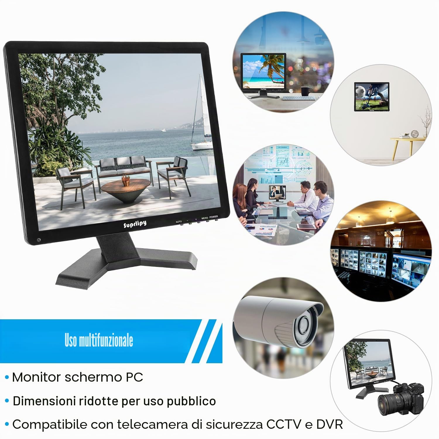 Monitor CCTV di sicurezza TFT LCD 15 pollici 1024x768 4:3 Schermo a colori HDMI/VGA/AV/BNC/MIC Porte USB Altoparlanti integrati