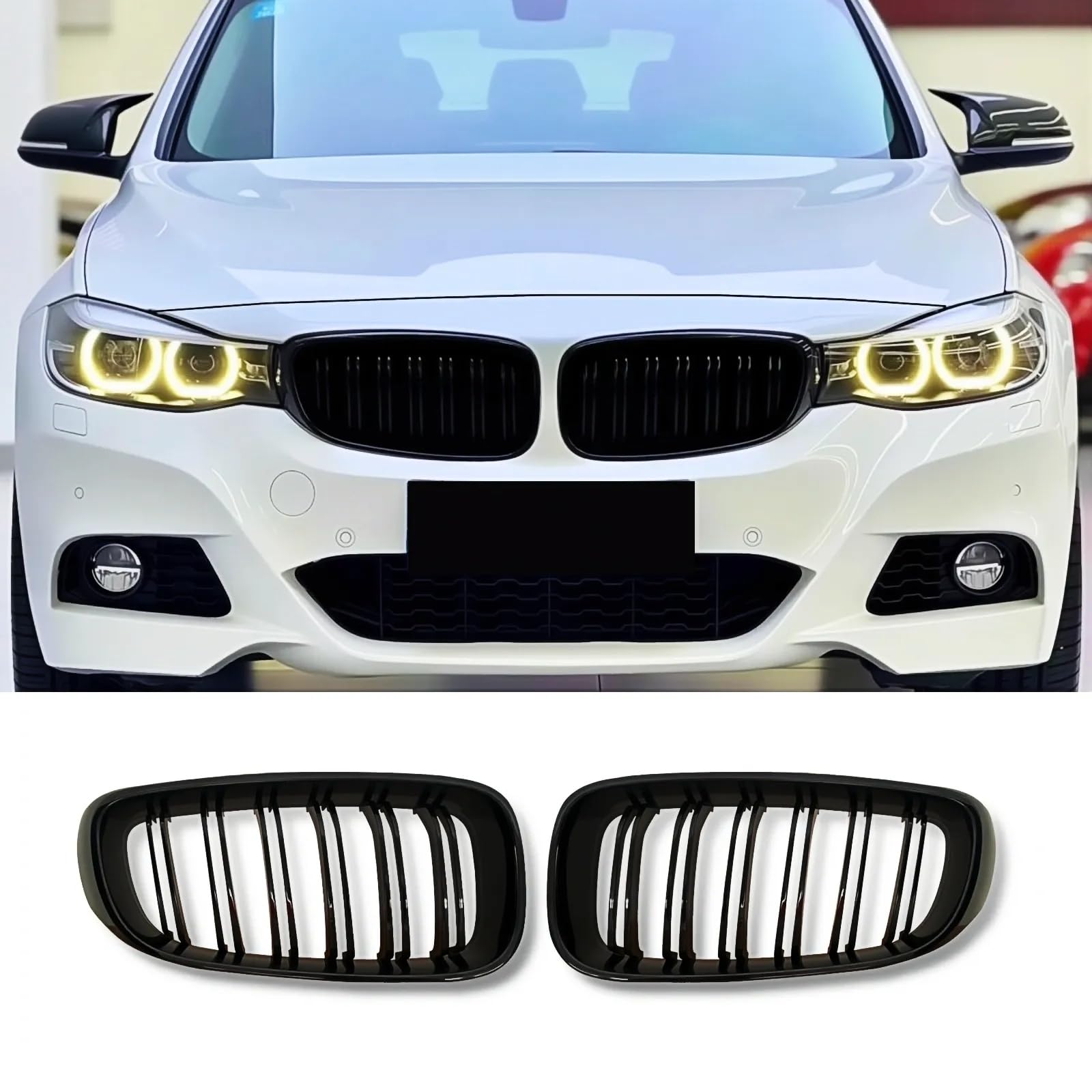 Jinpengyong F34 Nieren Schwarz Passend für BMW 3er F34 GT 2013-2018 Doppelsteg Kühlergrill Gitter Schwarz Glanz Kühler Front Doppel Rippen Grill Links Rechts(For 3er F34 2013-2018)