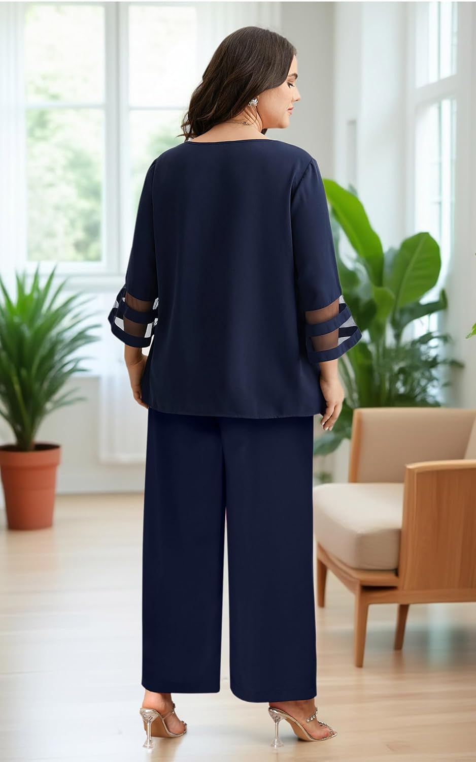 AOVDE Plus Size Pant Suits 2 Piece Casual Dressy Pantsuits Mesh Panel Bell Sleeve Outfits for Women Evening Dinner Party - Image 6