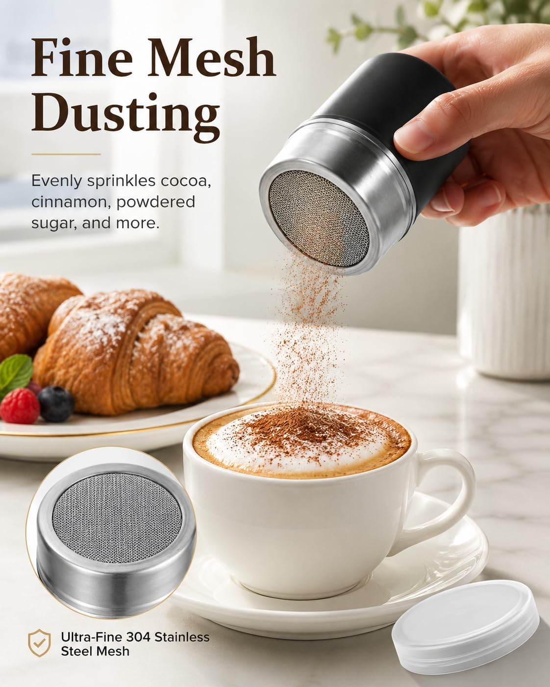 iplusmile 304 Stainless Steel Powdered Sugar Shaker with Fine Mesh Lid - Black Flour Sifter Duster for Cocoa Cinnamon Coffee - Professional Seasoning Dredge Shaker for Baking