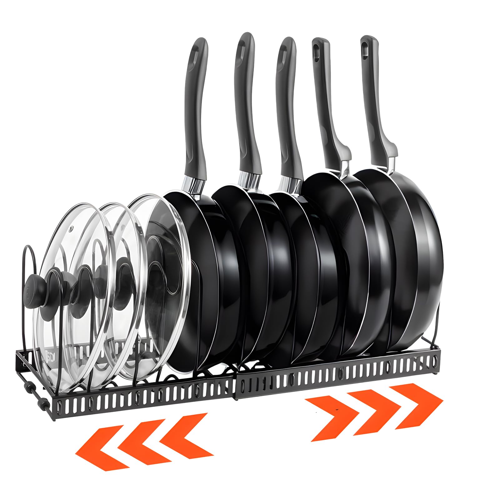 Expandable Pan Organizer for Cabinet, Pot Lid Holder with 10 Adjustable Compartment for Kitchen Cabinet, Pan Drawer Organizer for Effortless Storage,Black