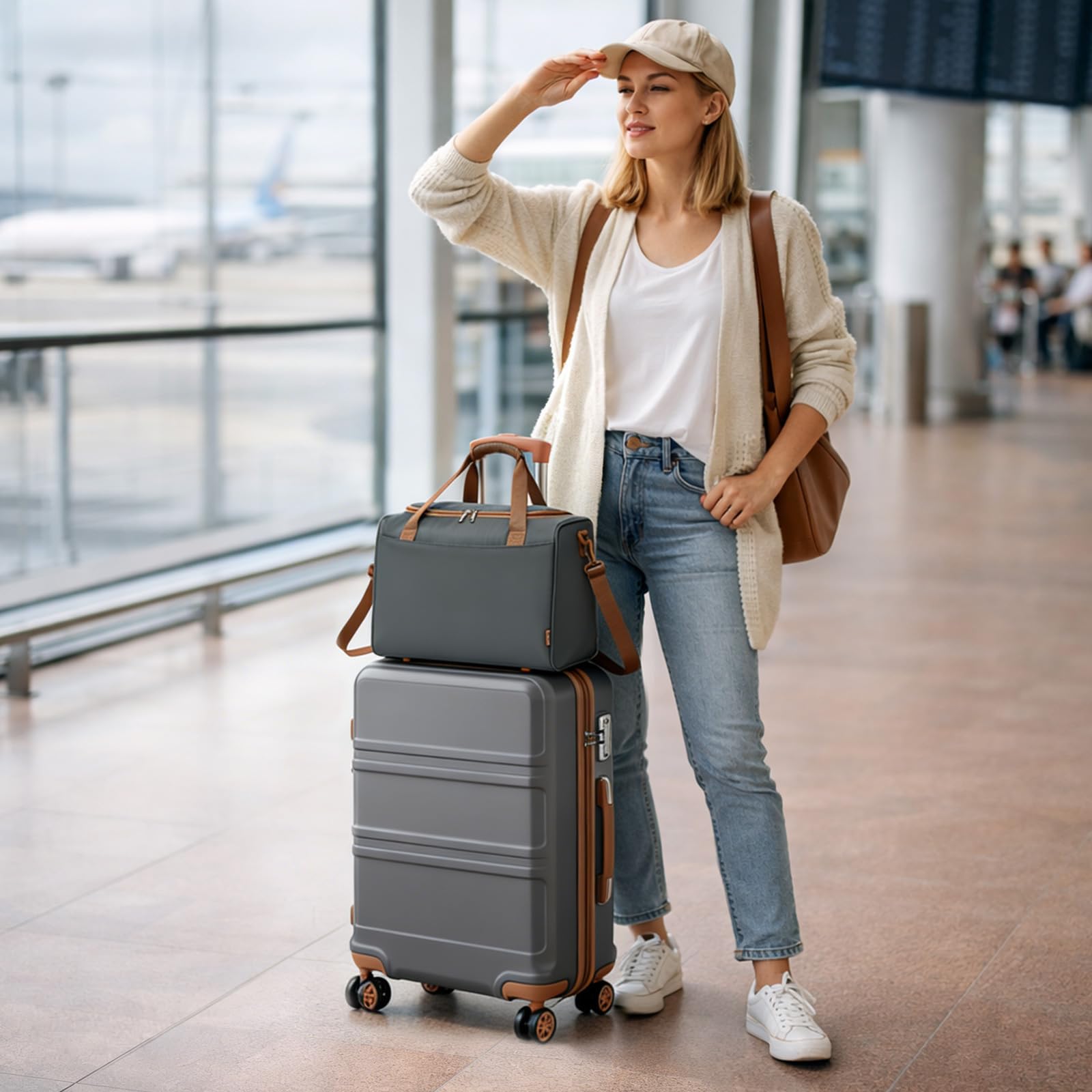 KONO Set di 2 Valigia Bagaglio a Mano Rigida e Leggera ABS+PC Trolley 55cm con 4 Ruote Rotanti e Lucchetto TSA & Borsa da Viaggio Ryanair 40x30x20, Grigio/Marrone