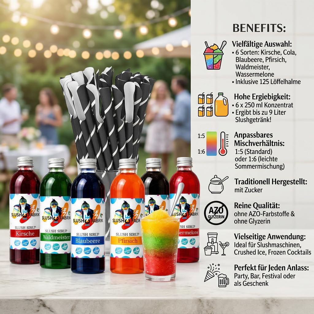 Sirup Partyset 6 x 250ml und 125 Löffelstrohhalme für Slush, Getränke Hergestellt ohne AZO und Glycerin | Slushy selber machen | Slushmaschine Aroma Konzentrat 1:5, Perfekt für Ninja Slushy Maschine