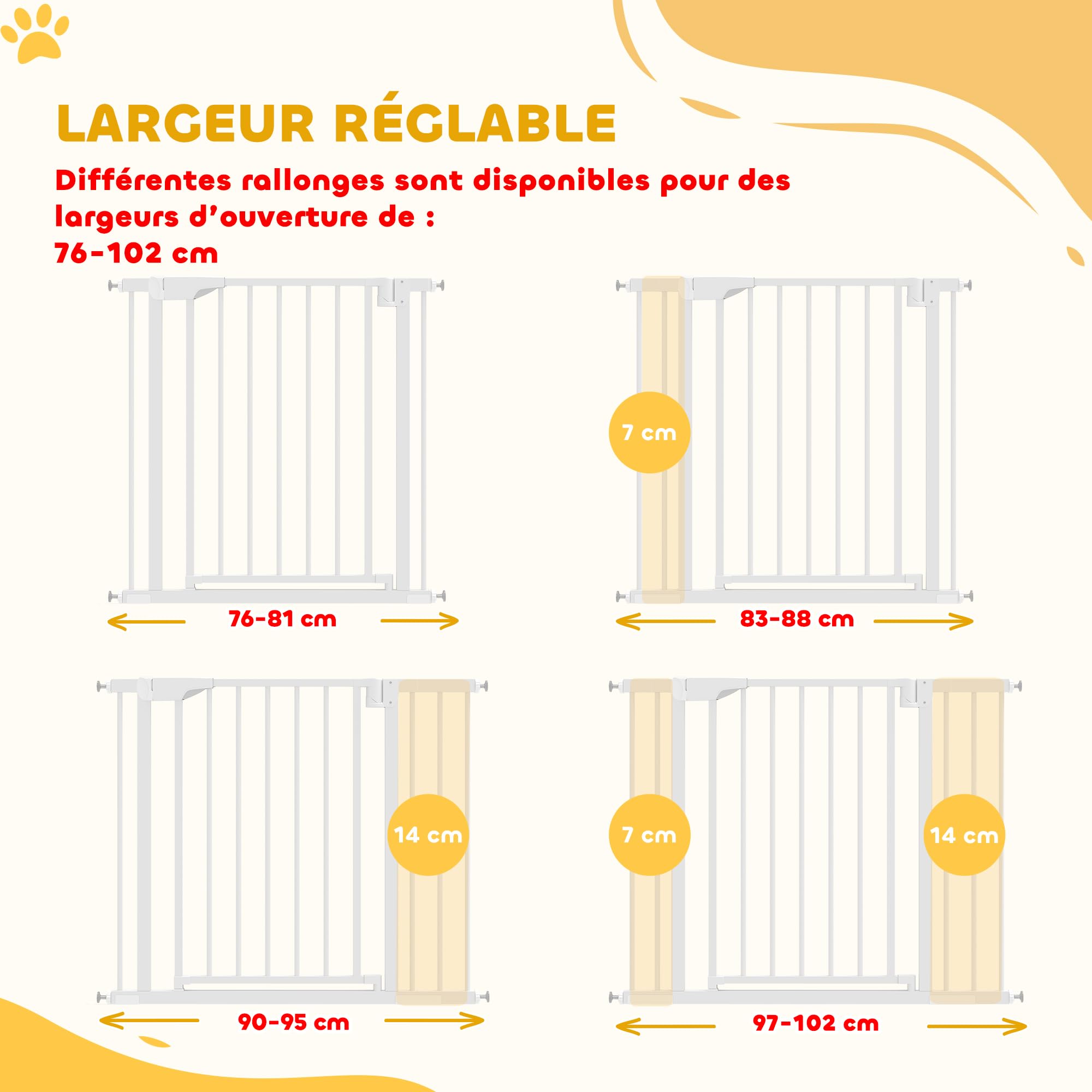 PawHut Barrière de sécurité bébé Enfant en Acier - 76-102 cm barrière d'escalier avec Extensions, sans perçage - Fixation par Pression, Fermeture Auto et Ouverture d'une Main - Blanc