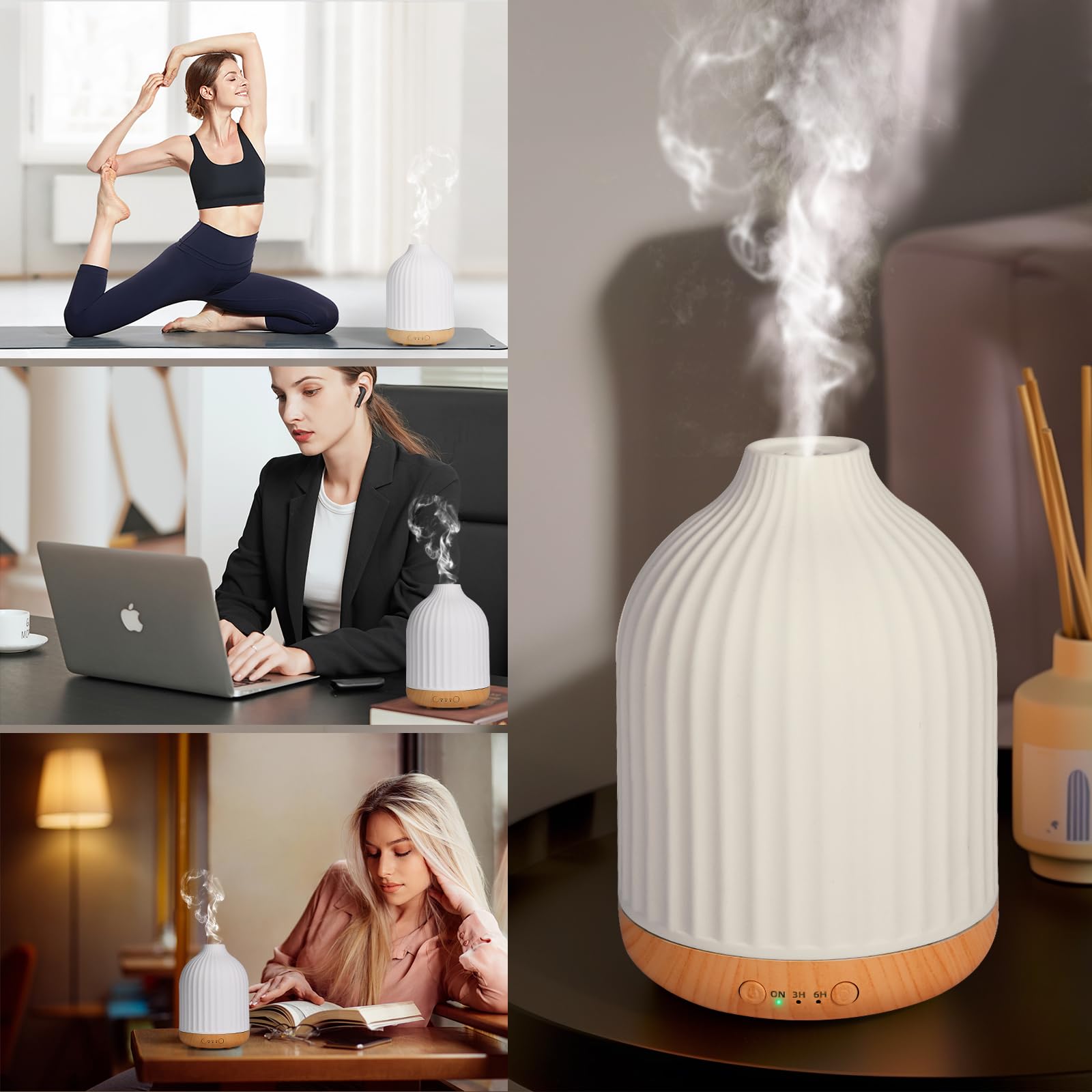 Diffuseur Huiles Essentielles en Céramique 250ML, Diffuseur de Parfum Electrique Humidificateur Ultrasonique Diffuseur Aromathérapie pour la Maison, Yoga (Blanc 250 ML)