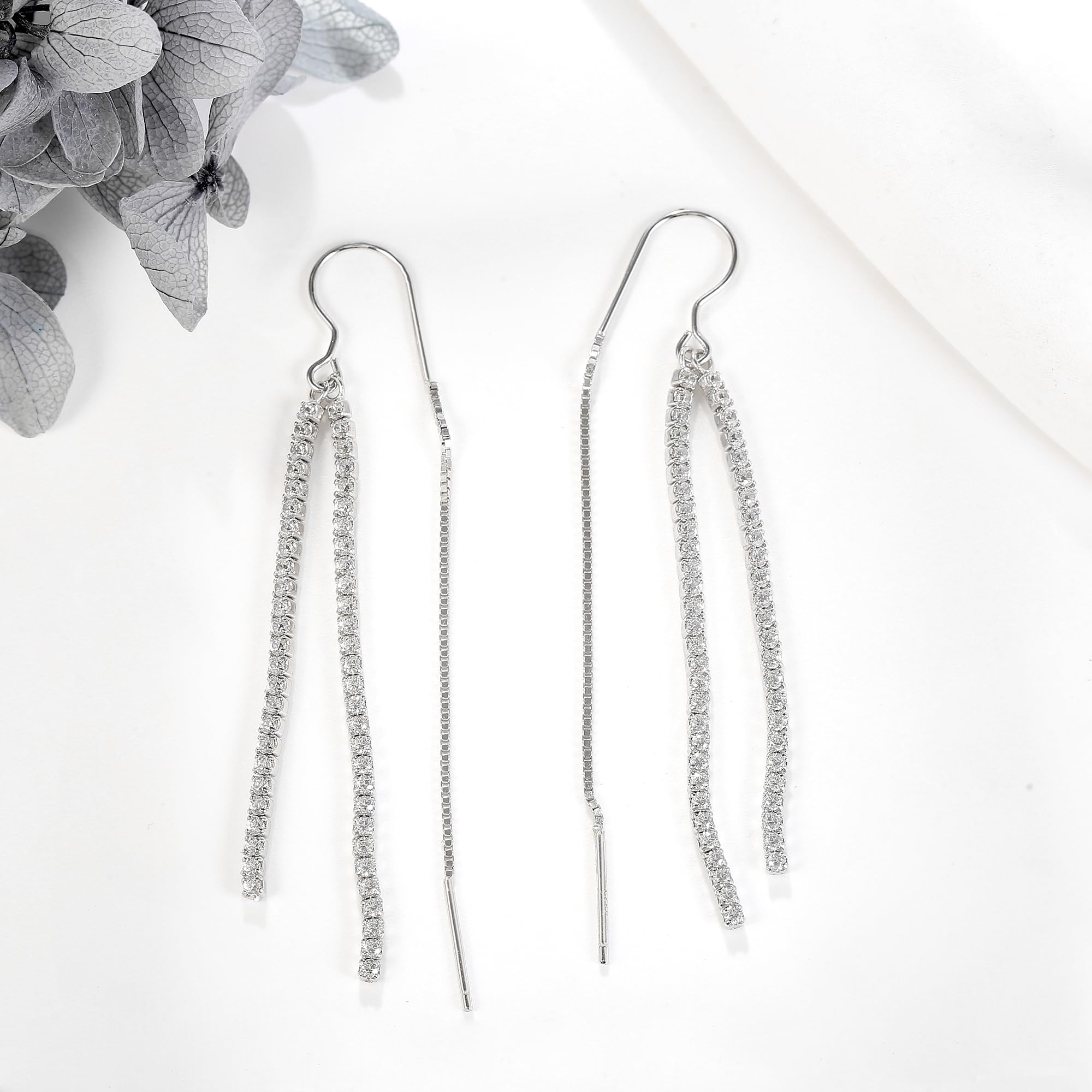 Einfädler Durchzieher Ohrringe Sterling Silber 925 Quaste Ohrringe Cubic Zirkonia Lang Hängend Threader Ohrringe Schmuck Geschenk für Damen Mädchen