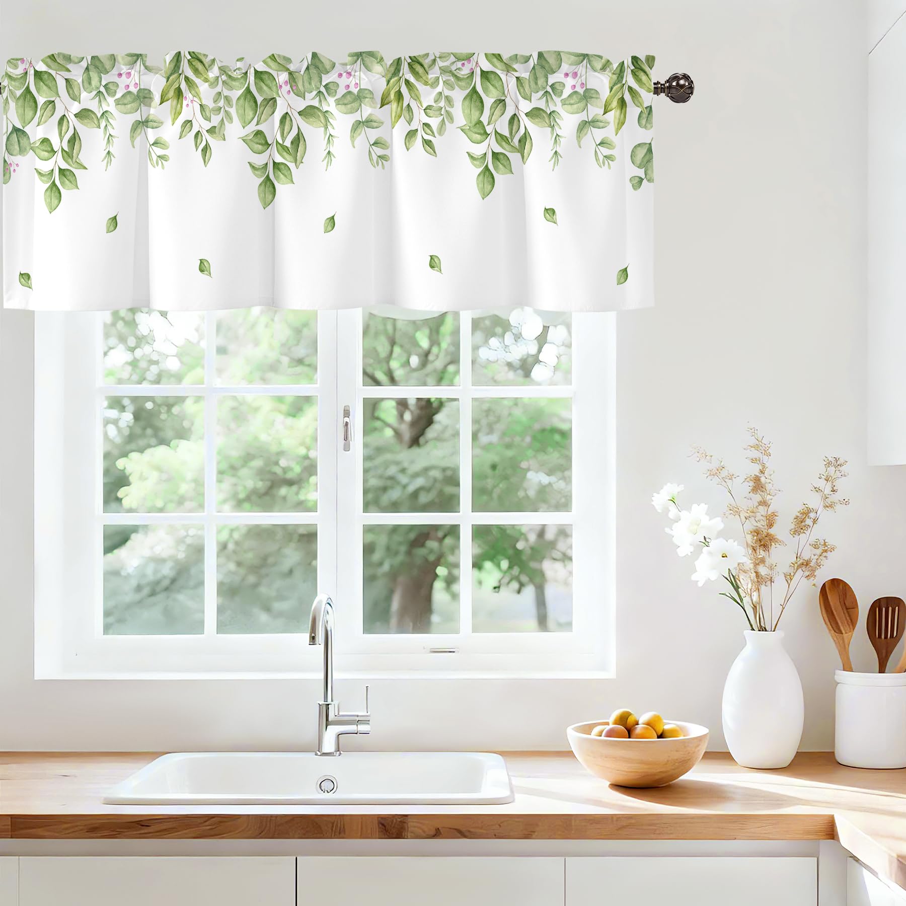 Green Leaves Valance Curtains for Windows, Sheer Rod Pocket 42x12 in