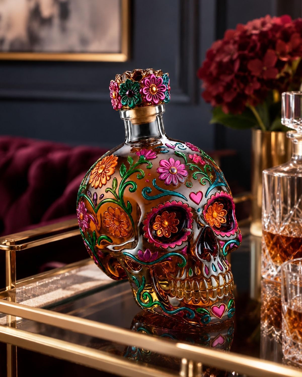 2026 Botella decantadora gótica con diseño de calavera del Día de los Dead, edición limitada, decoración para el hogar, bar, Halloween, fiesta, regalo (14 cm)