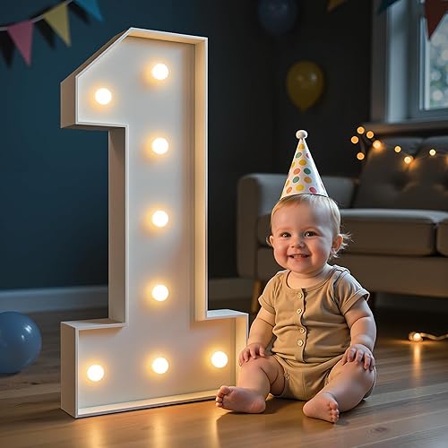 imprsv Números de marquesina, números iluminados de marquesina de 3 pies para decoraciones de fiesta de primer cumpleaños, números de mosaico para