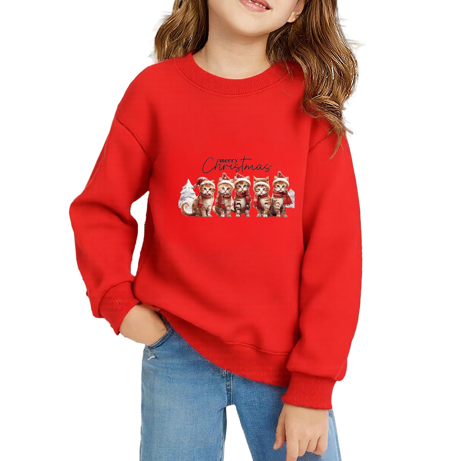TUANMOZI Weihnachten Sweatshirts Rot Mädchen Casual Langarm Weihnacht Pullover Kinder Baumwolle Langarmshirt Weihnachtsdruck Top 2-14 Jahre