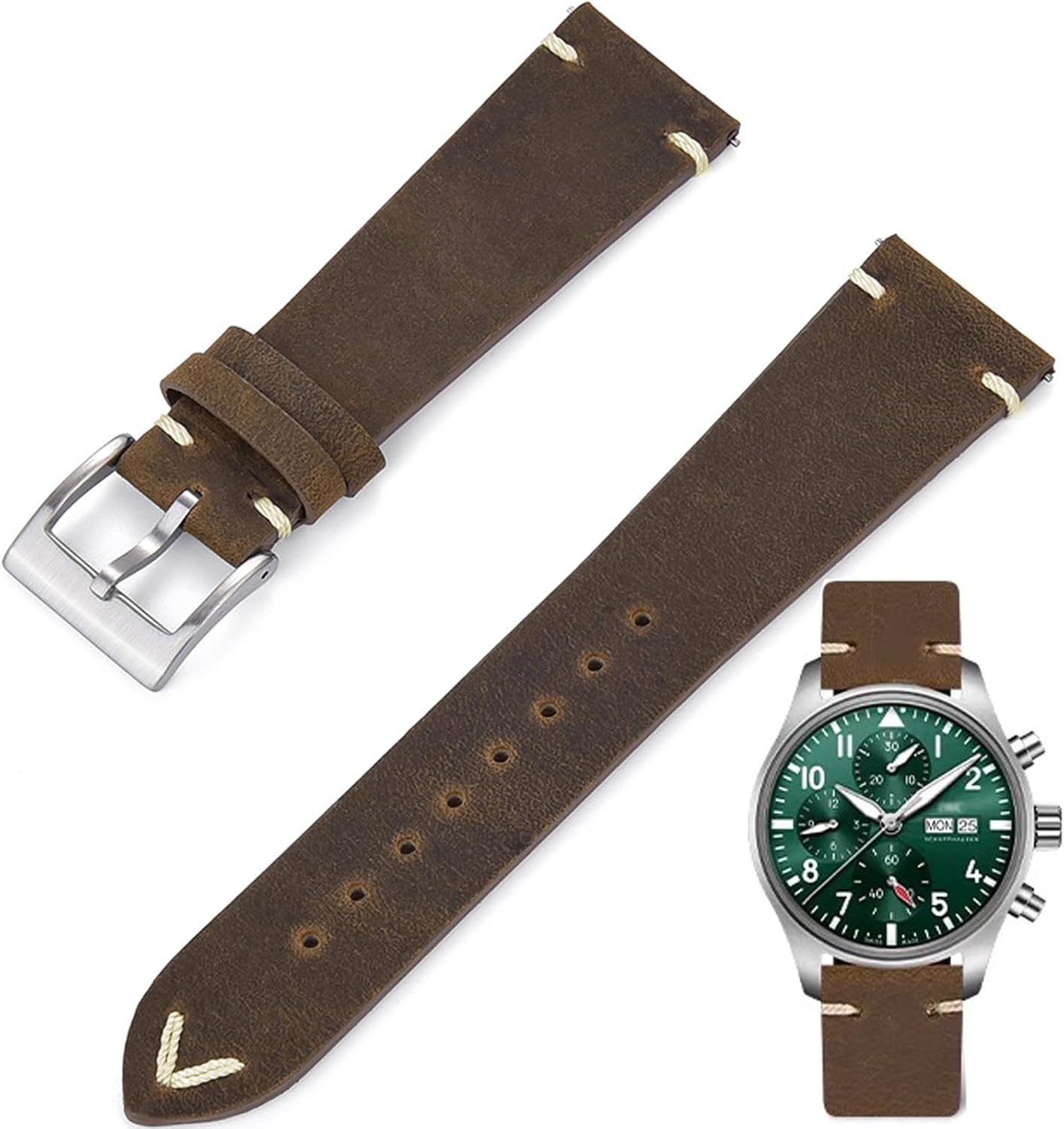 Leather Watch Bands Quick Release Top Grain Leather Watch Strap 19mm 20mm 21mm 22mm Vintage Crazy Horse Oiled Handmade Genuine Leather Strap Universal Replacement Band for Men Women