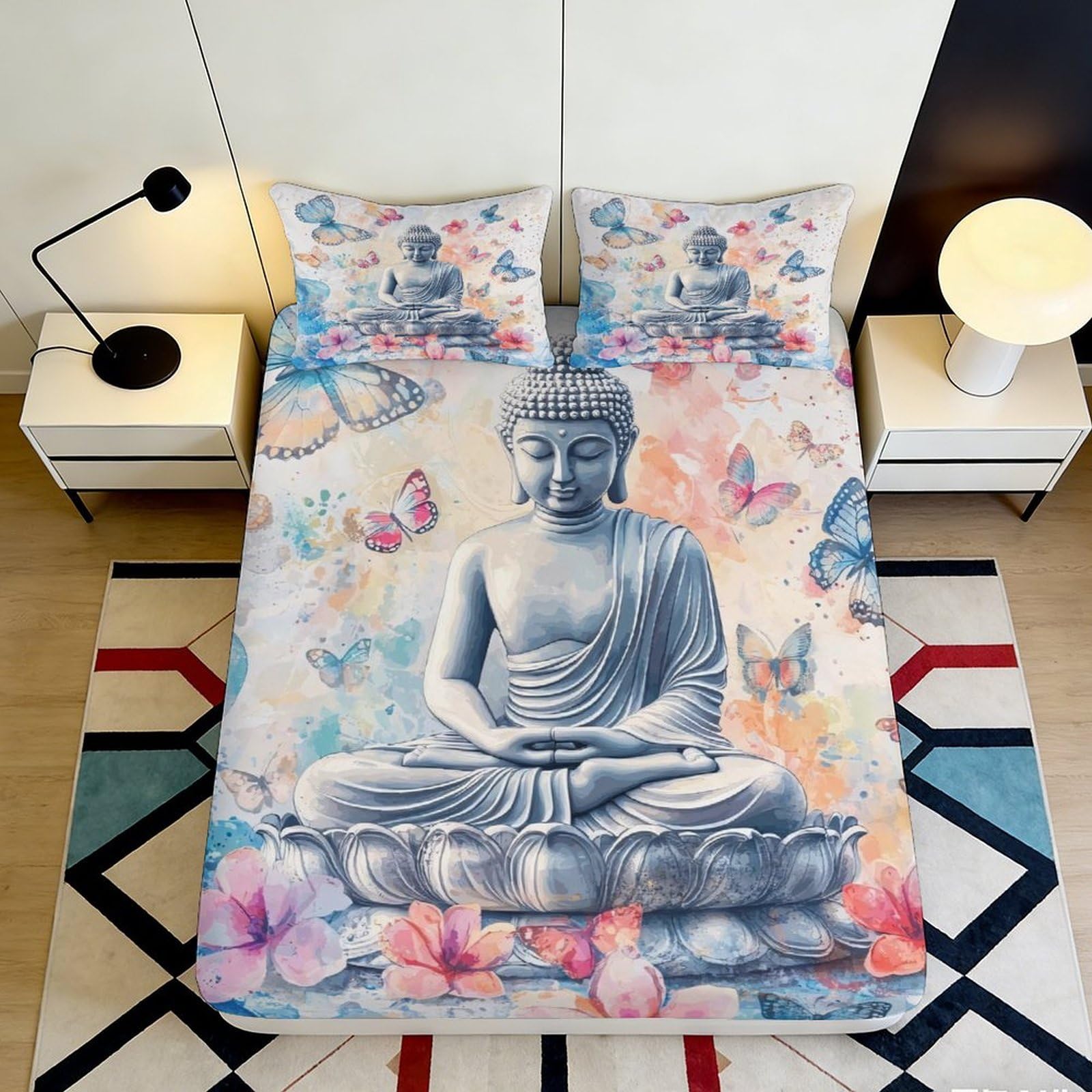 3D Printed Buddha Lotus Fitted Sheet Microfiber Non Slip Mandala Butterfly Mattress Cover Bedroom Decor 90x200x25cm