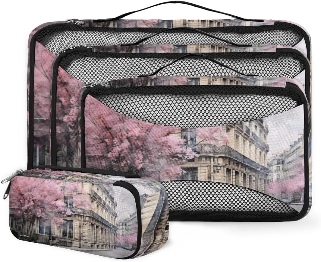 4 Set Packing Cubes for Suitcases, Travel Essentials for Carry on Luggage, Dreamy City Suitcase Organizers for Clothes Shoes Toiletries Travel Accessories in 4 Sizes - Watercolor City