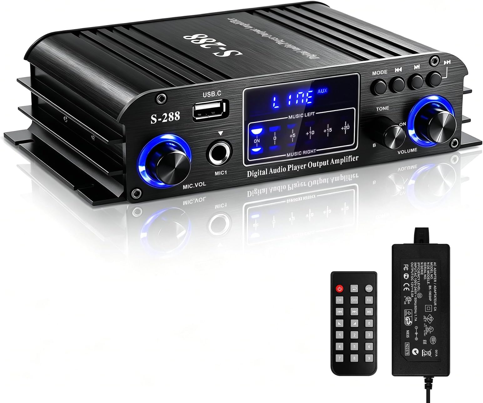 S-288 Hi-Fi Bluetooth Power Amplifier for Home 4.1CH 30Wx4 Output Max 600W Subwoofer Audio Amplifier Integrated Mini Car Speaker Amp Stereo Amp Receiver W/Remote Control