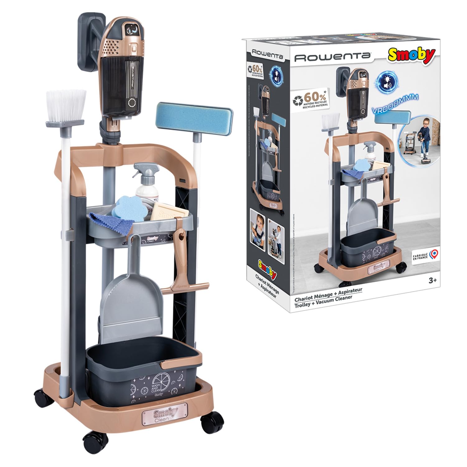 Smoby - Carrello per Le Pulizie Rowenta + aspirapolvere a Bastone - con Suoni realistici - 10 Accessori Inclusi - Ruote multidirezionali - età 3+