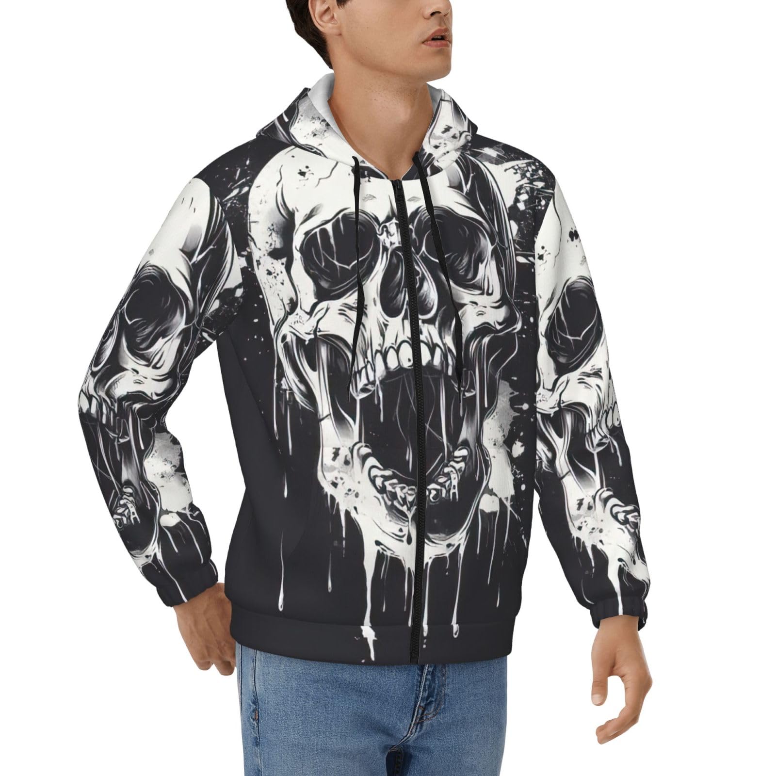 Jejea Men's Black Horror Ghost Skull Print Fashionable Zipper Hoodies Soft Polyester Full Zip Up Thick Sweatshirts, Sizes S-3Xl