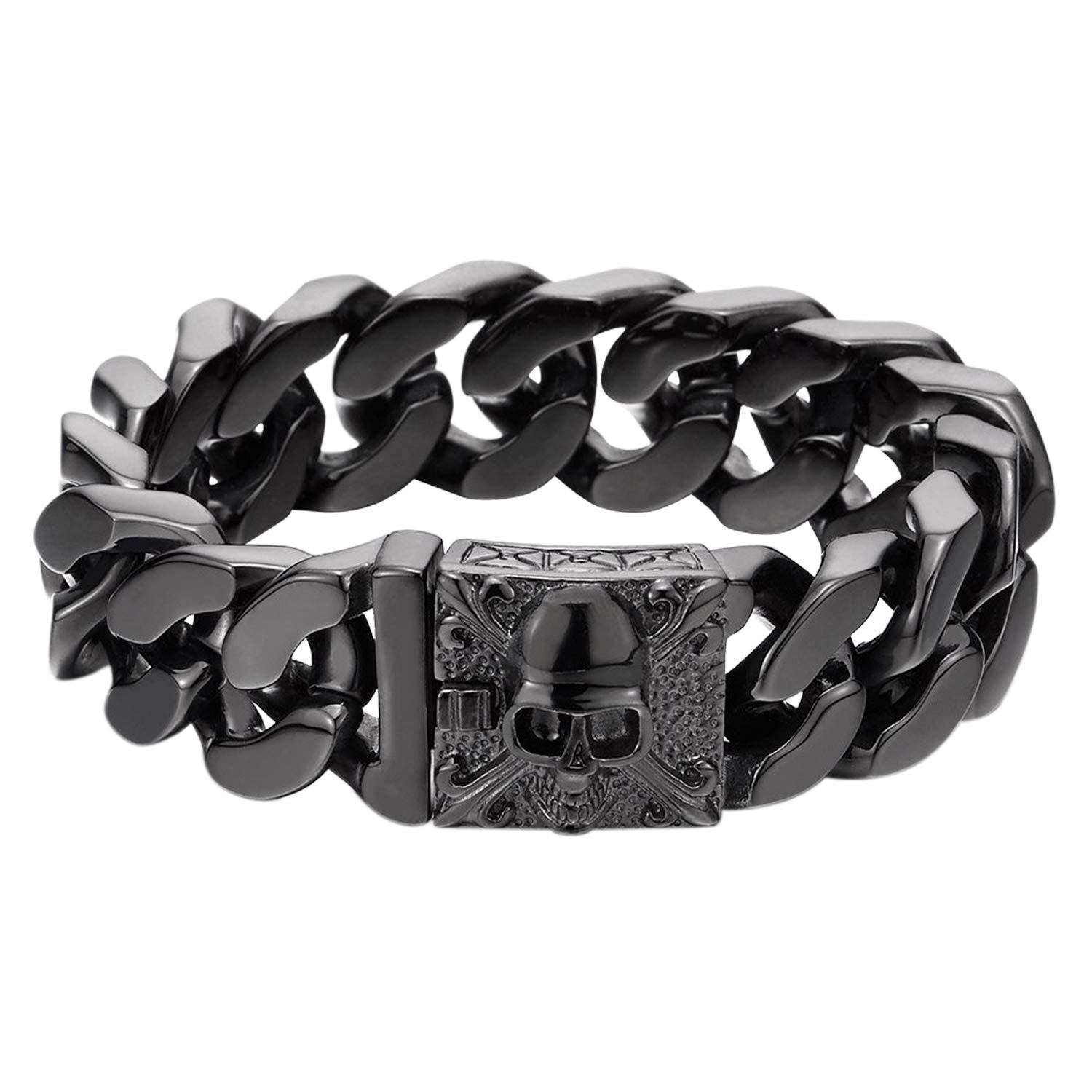 Flongo Pulsera De Acero Inoxidable Para Hombre: Brazalete De Eslabones Negros Estilo Hip Hop - Pulsera De Calavera Estilo Punk Rock Motero