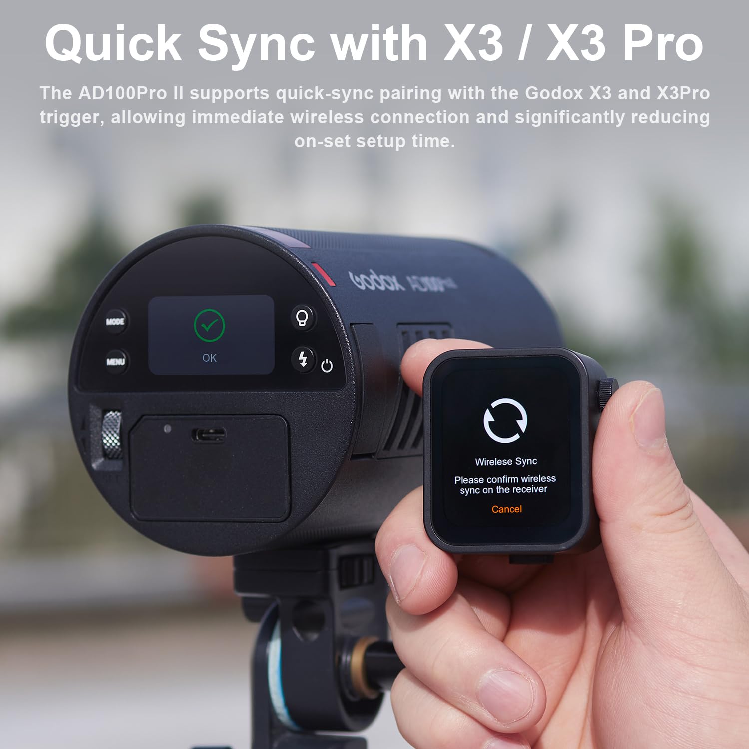 Flash Godox AD100Pro II à tête Ronde 100 W, 60 à 100 flashs Pleine Puissance, 2,4 GHz X sans Fil, TTL/HSS, 2850 mAh USB-C, Support magnétique avec Adaptateur Bowens