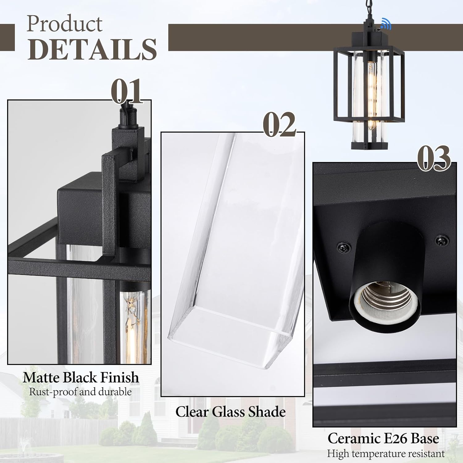 Outdoor Pendant Light, 16" Dusk to Dawn Exterior Chandelier Porch Hanging Light with Clear Glass, Modern Black Outdoor Hanging Lantern for Porchs Gazebo, OS-KY1006 Black 6.5" W-Clear Glass