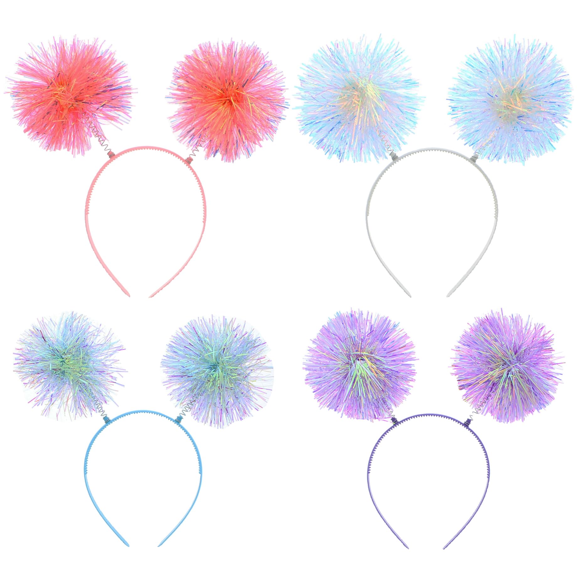 Zac's Alter Ego Pack of 4 Assorted Pastel Colour Tinsel Pom Pom Head Boppers - Festive Headwear Tinsel Fashion Fluffy Ball Headband Fancy Dress Cosplay Party Birthday Halloween Christmas