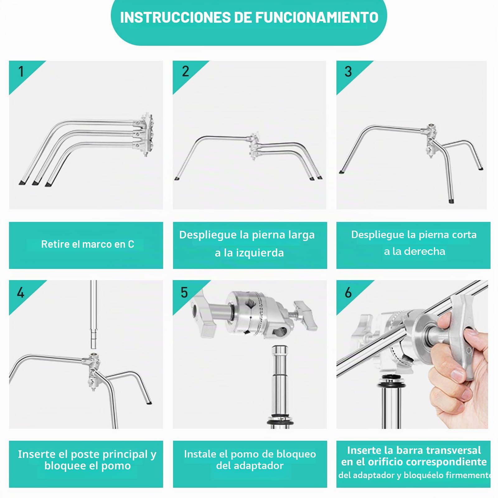 C Stand 100% Acero Inoxidable Resistente con Brazo Articulado,Altura Máxima 330cm,Soporte C Ajustable para Lámpara con Brazo de Sujeción de 127cm,2 Cabezales de Mango para Monoluz de Estudio