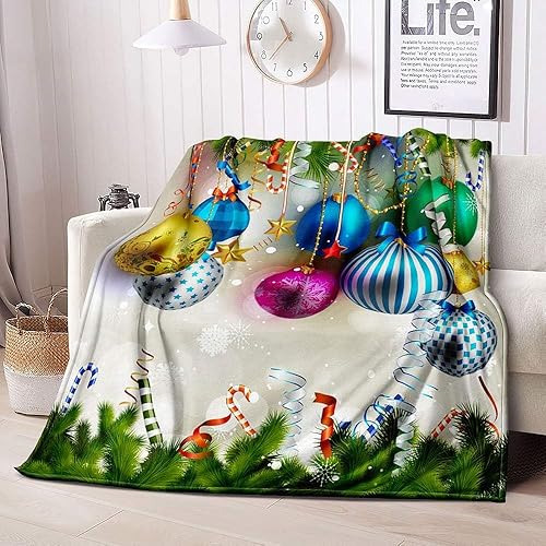 Vista 158 de LUVIVIHOME Manta de Feliz Navidad, bolas de Navidad azules doradas, manta de invierno con copos de nieve, manta individual, acogedora manta cálida