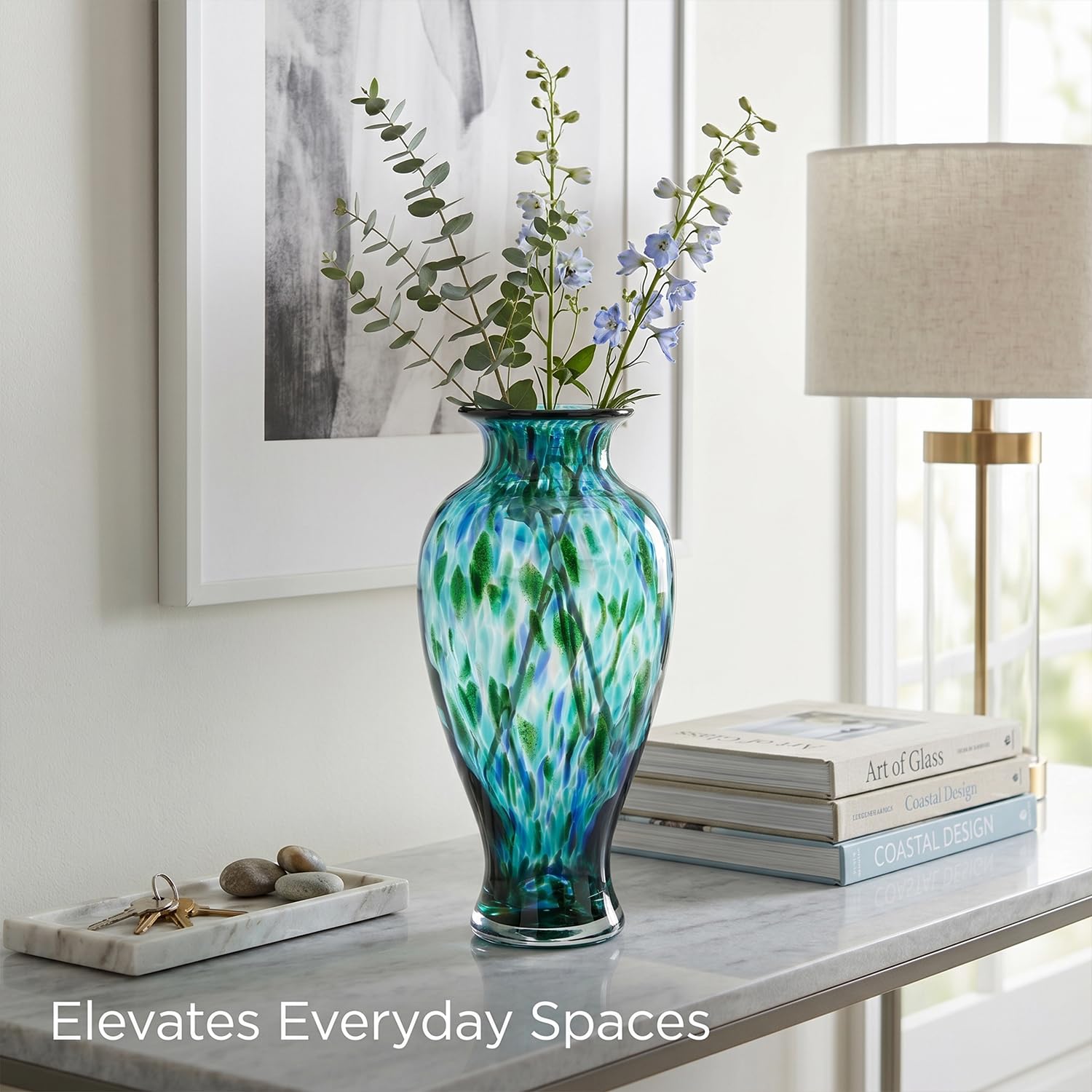 Vaso in vetro soffiato a mano, alto 30 cm, bellissimo vaso turchese a bocca larga per centrotavola, vaso da fiori in vetro di Murano colorato dipinto per – ingresso casa centro matrimoni